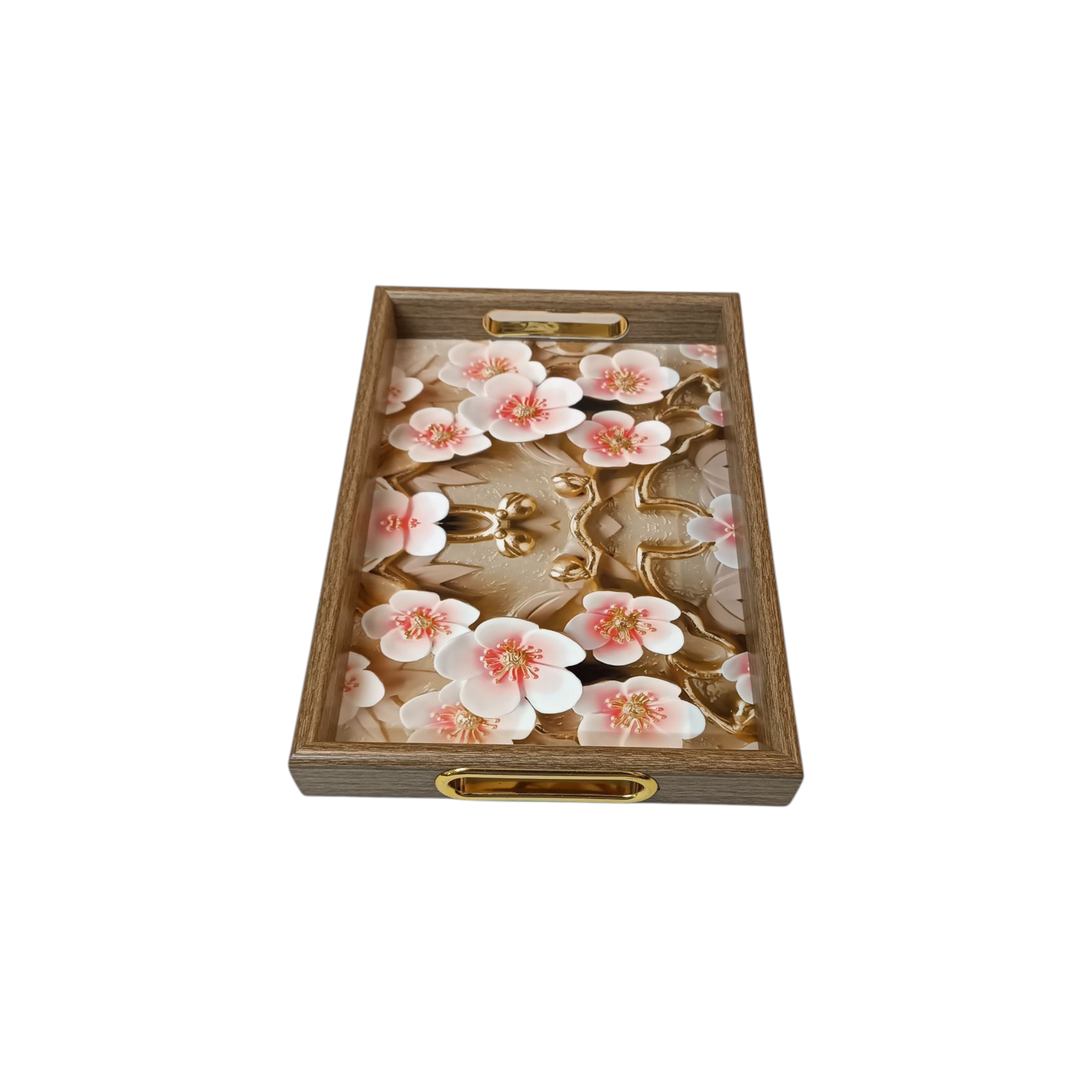 Rectangular Light Brown Acrylic Tray with Flower Design
