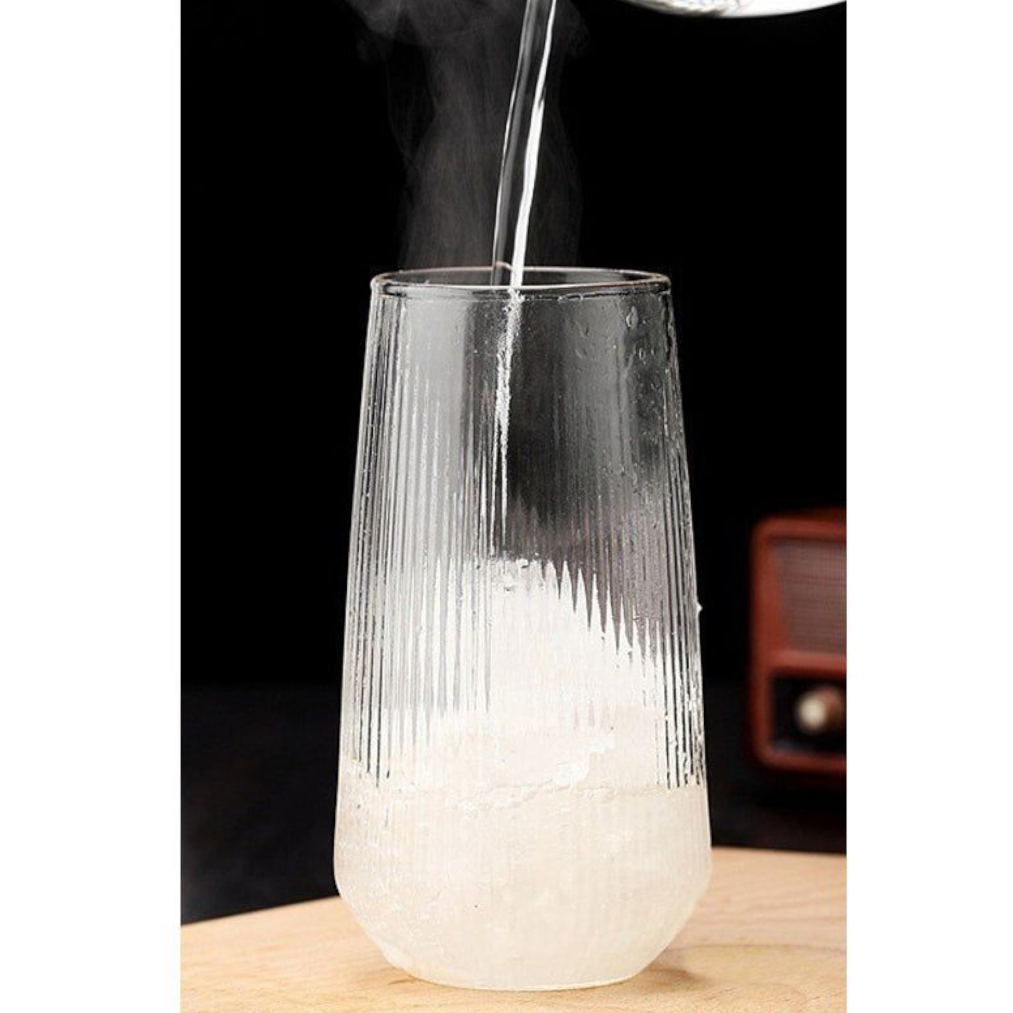 Glass Drinking Vertical Ribbed Cup 550ml with Bamboo Lid & Clear Curve Straw 15.5x7cm