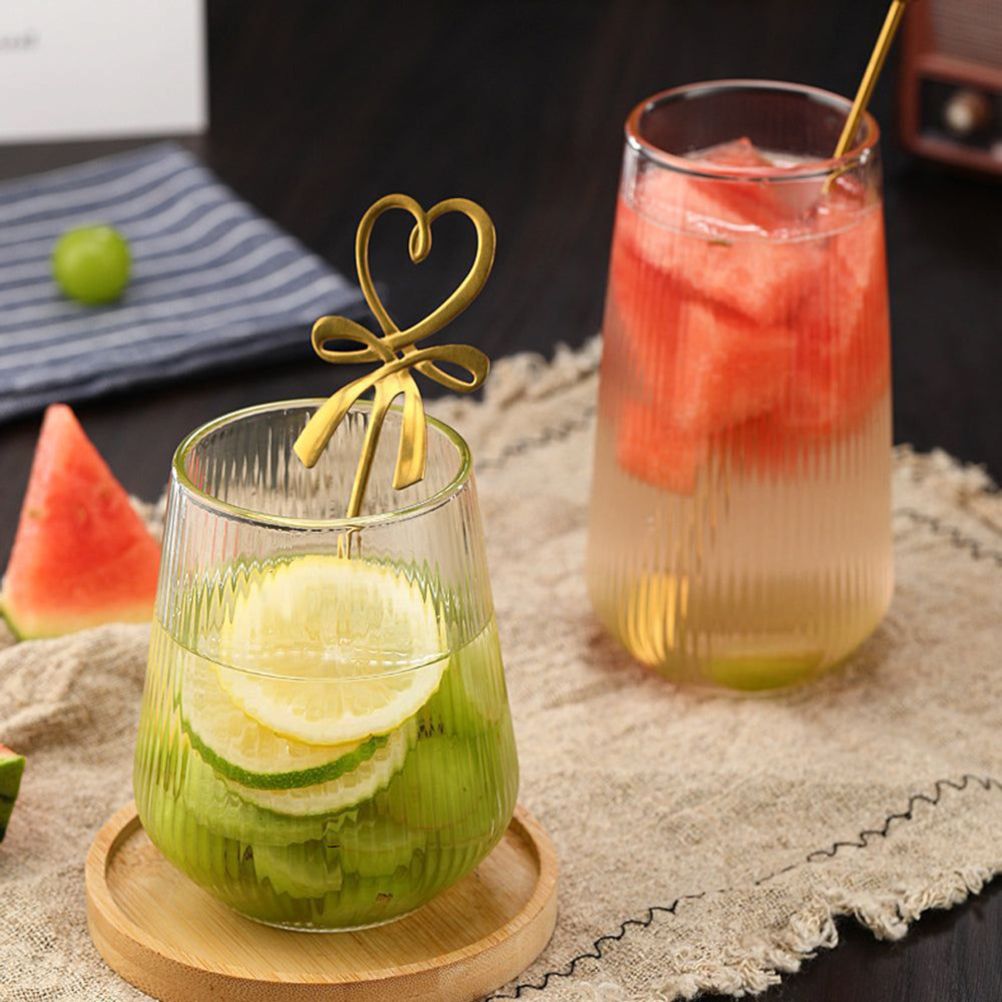 Glass Drinking Vertical Ribbed Cup 500ml with Bamboo Lid & Curved Straw 7x11cm