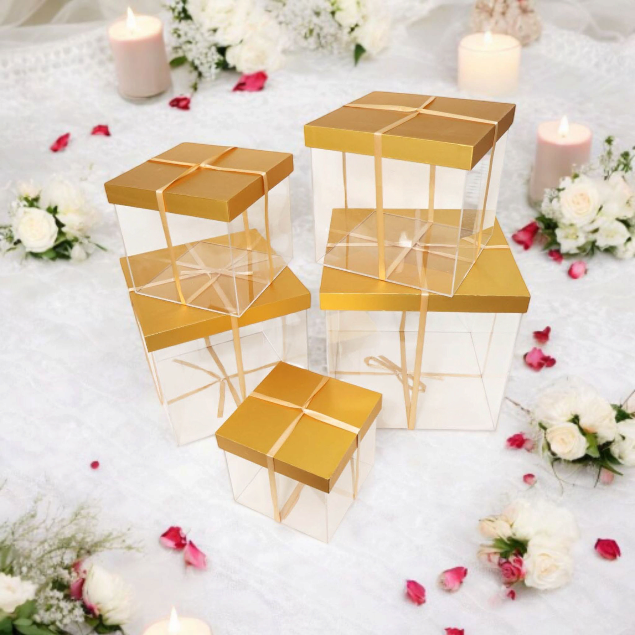 Acrylic Gift Box with Wooden Gold Lid and Ribbon 5pc Set