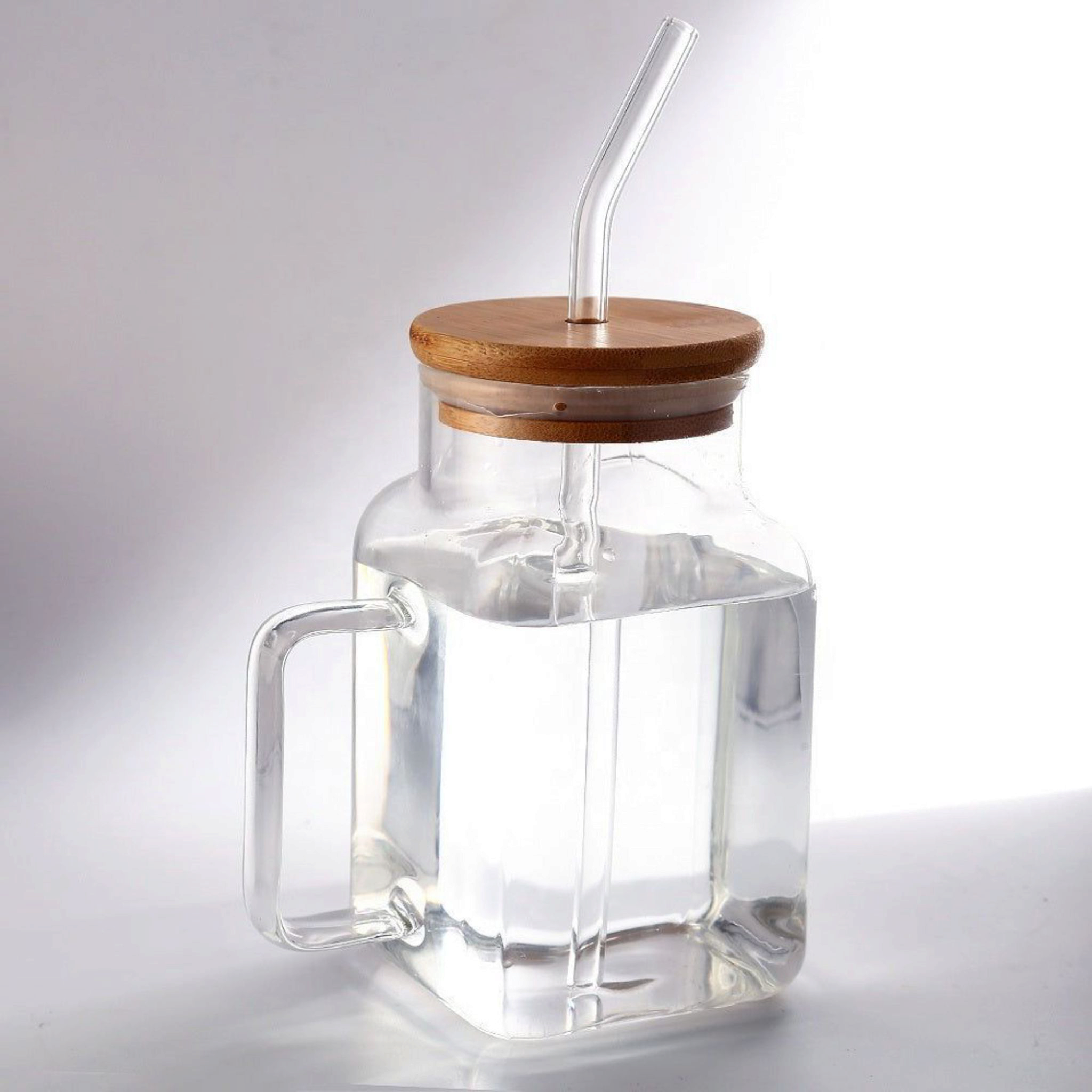 Glass Drinking Handle Mug with Bamboo Lid & Straw 13.5x7cm