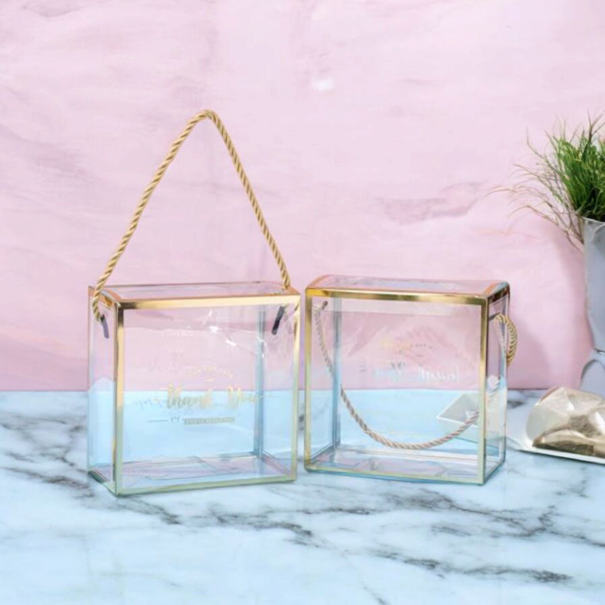PVC Gift Box Gold Bordered with Rope String Handle 18x18x9cm Transparent