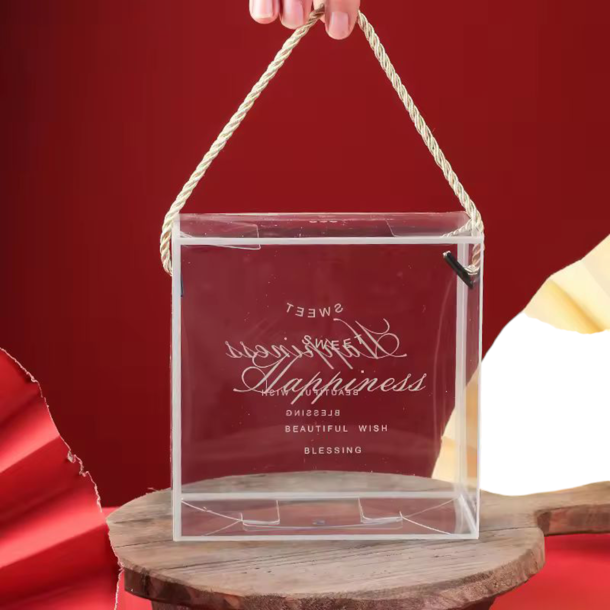 PVC Gift Box Silver Bordered with Rope String Handle 18x18x9cm Transparent