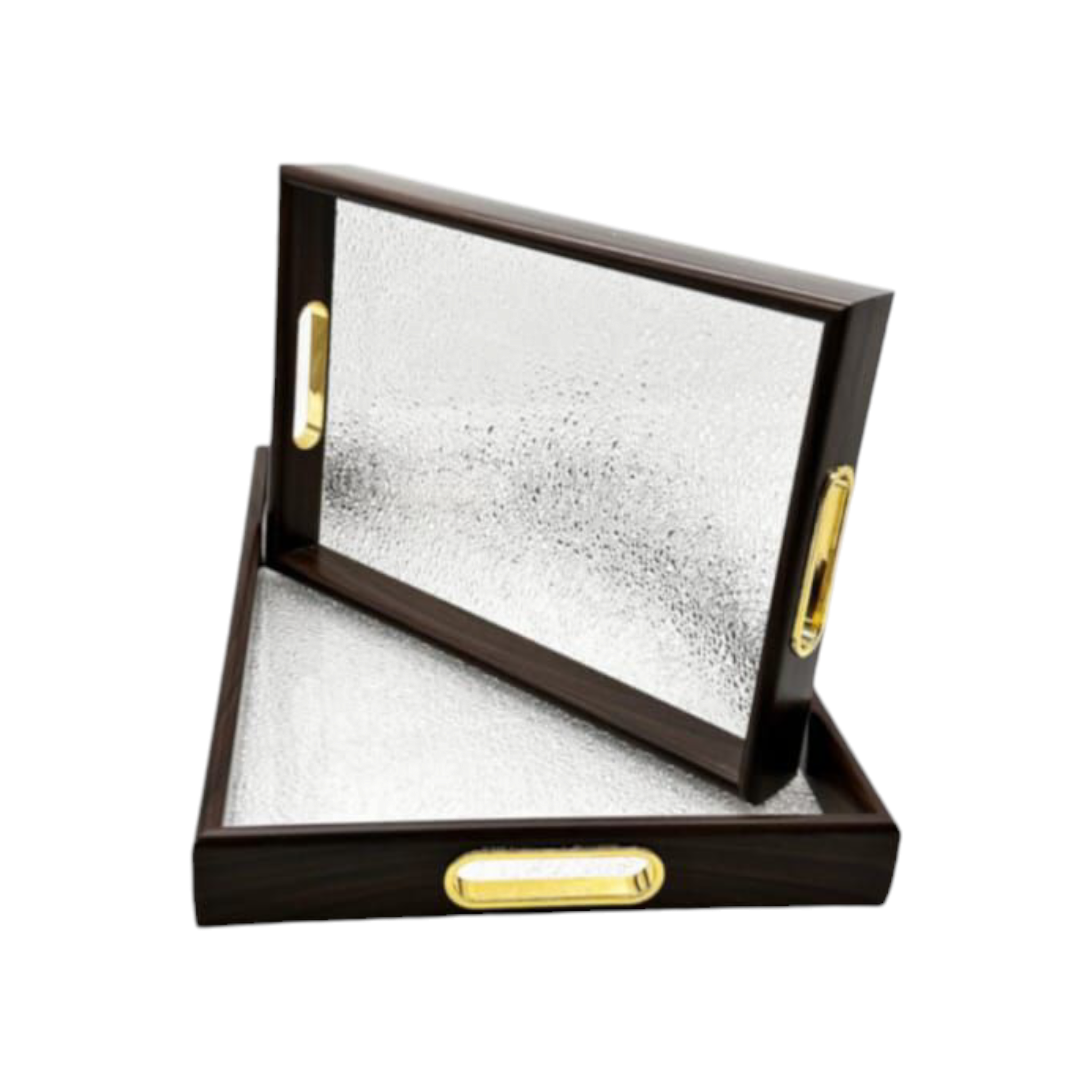 Rectangular Frosted Glass Wooden-Frame Mahogany Tray Gold Handles 42x28x4cm