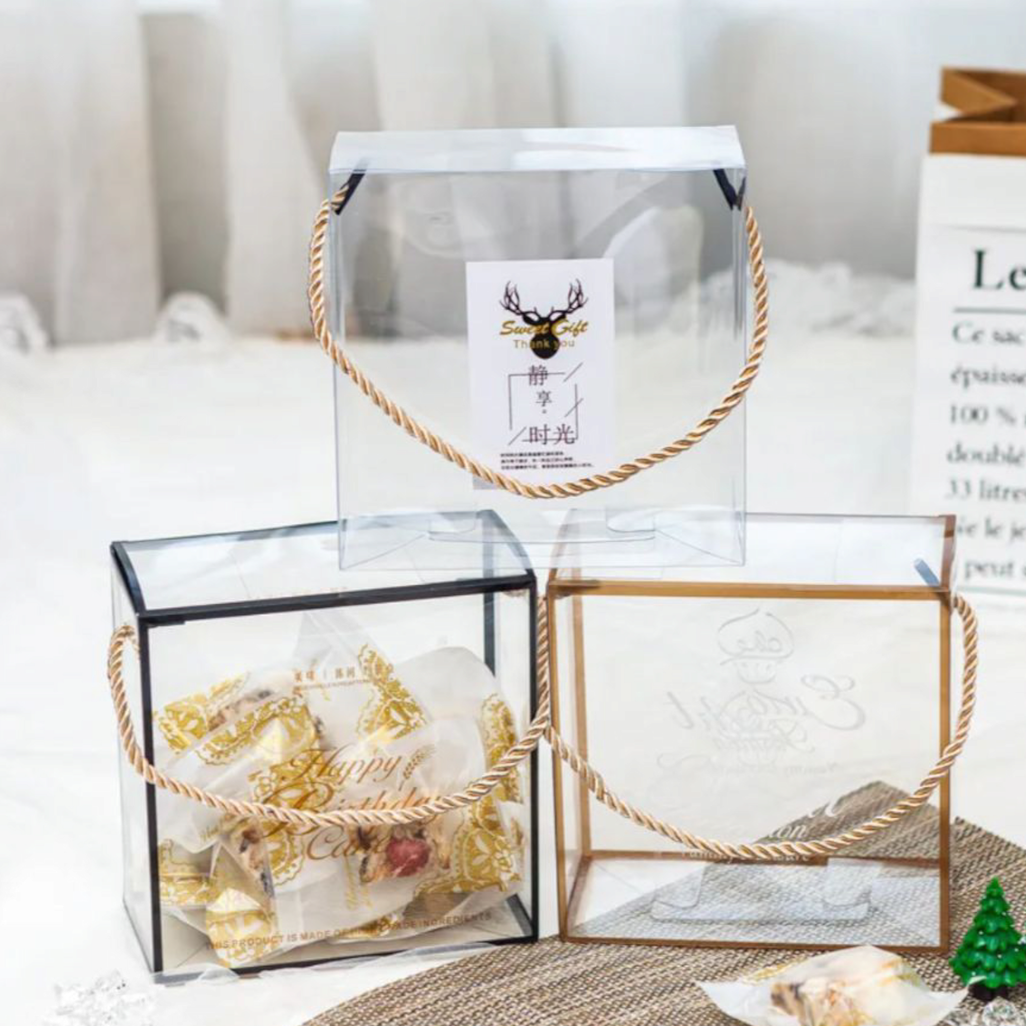 PVC Gift Box Silver Bordered with Rope String Handle 18x18x9cm Transparent