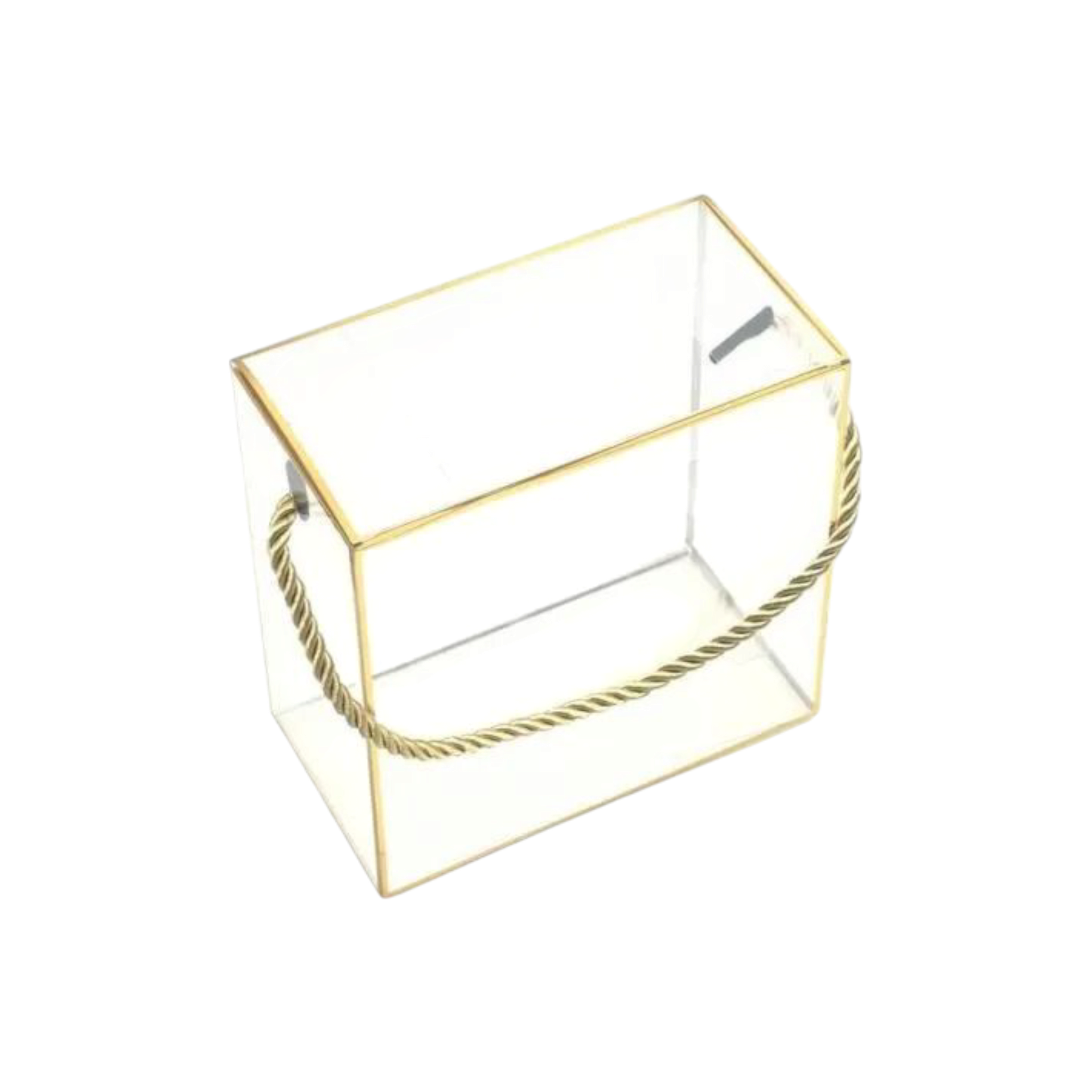 PVC Gift Box Gold Bordered with Rope String Handle 12x12x12cm Transparent