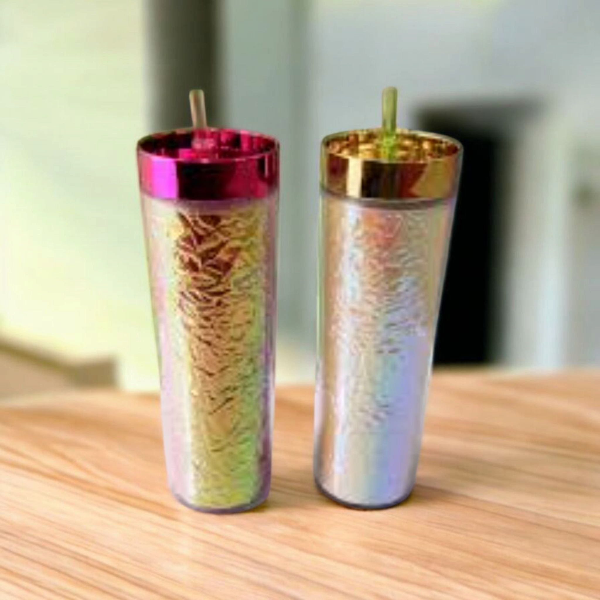 473ml Skinny Iridescent Drinking Tumbler Acrylic Reusable with Lid & Straw 21x7cm