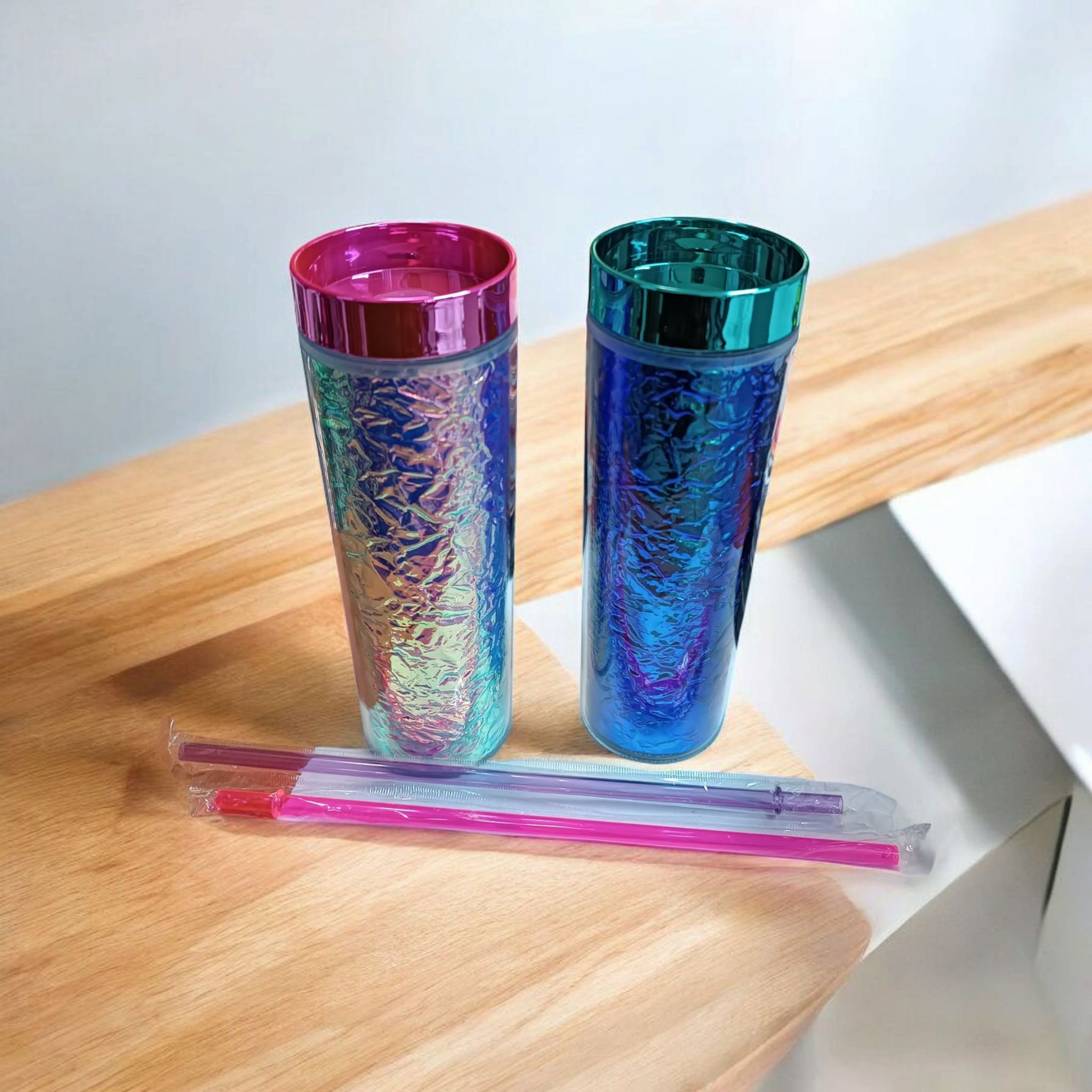 473ml Skinny Iridescent Drinking Tumbler Acrylic Reusable with Lid & Straw 21x7cm
