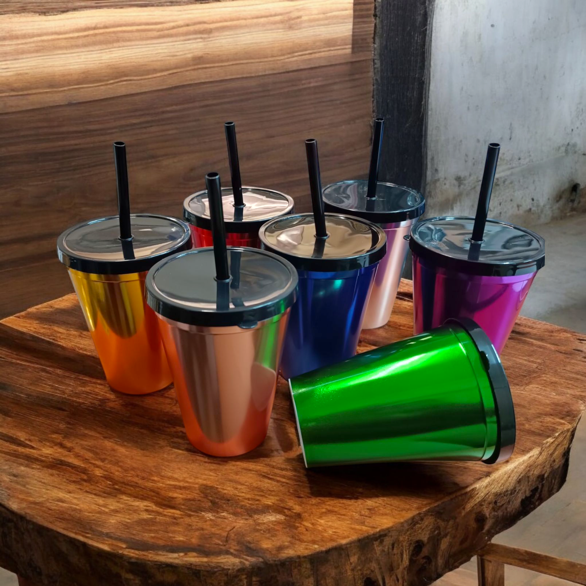 420ml Reusable Metallic Drinking Cup Tumbler with Lid & Straw