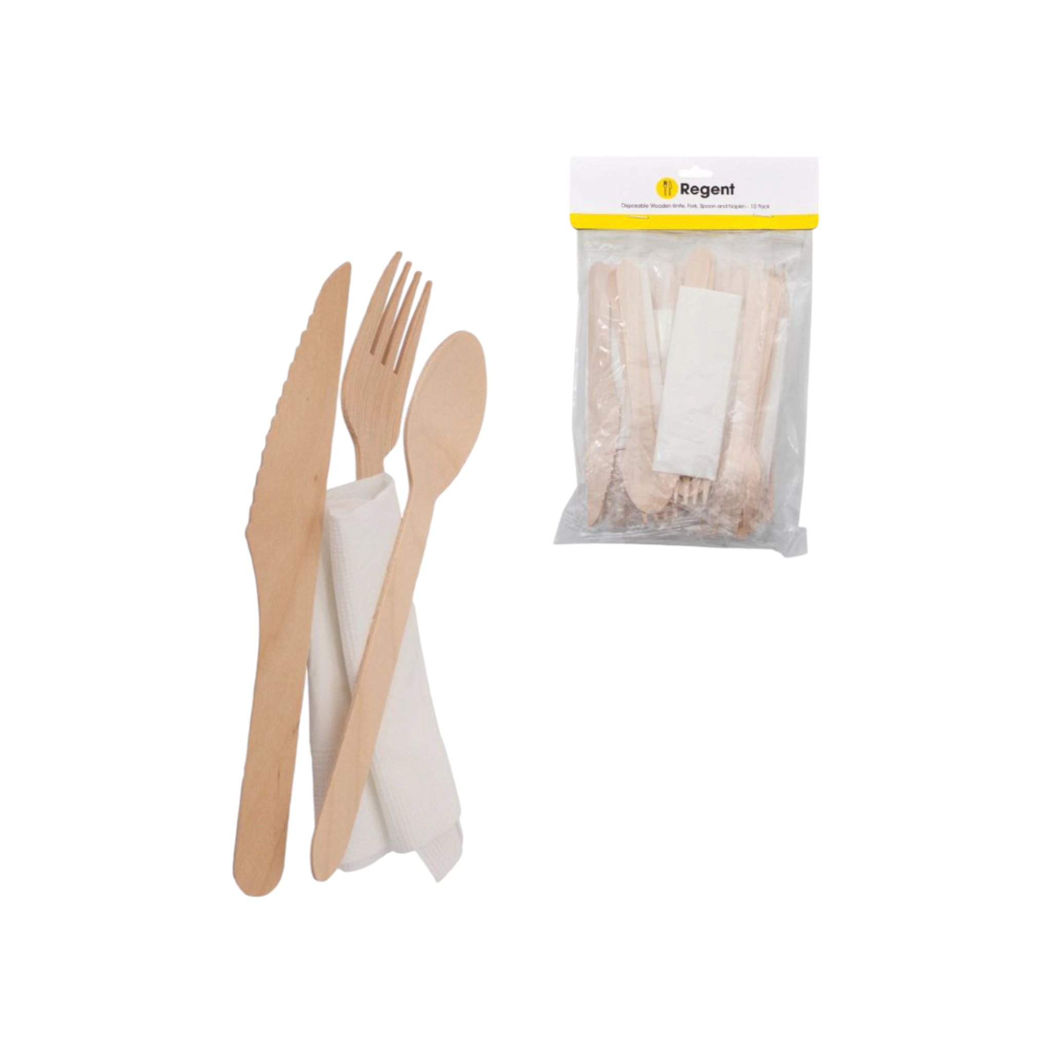 Regent Disposable Wooden Cutlery Knife-Fork-Spoon & Napkin Set 10pack