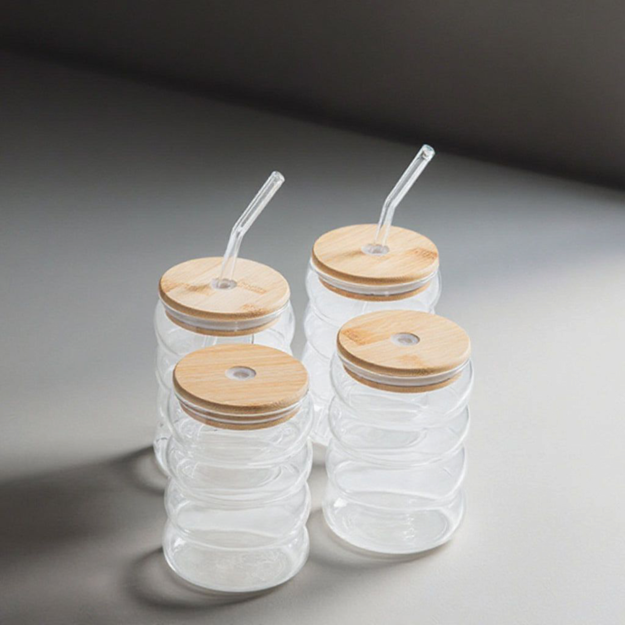 Glass Drinking Ribbed Cup 500ml with Bamboo Lid & Curved Straw 7x15cm