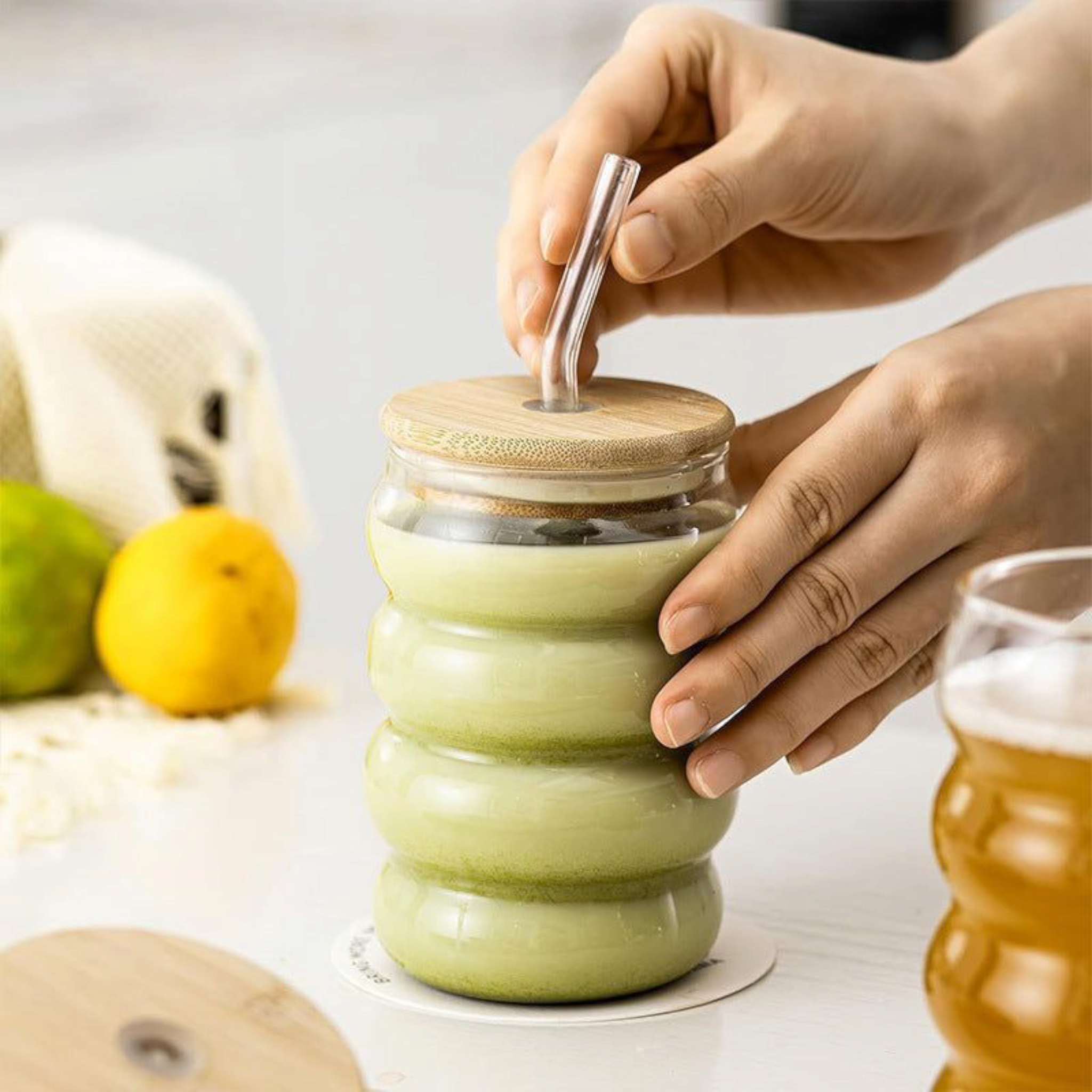 Glass Drinking Ribbed Cup 500ml with Bamboo Lid & Curved Straw 7x15cm