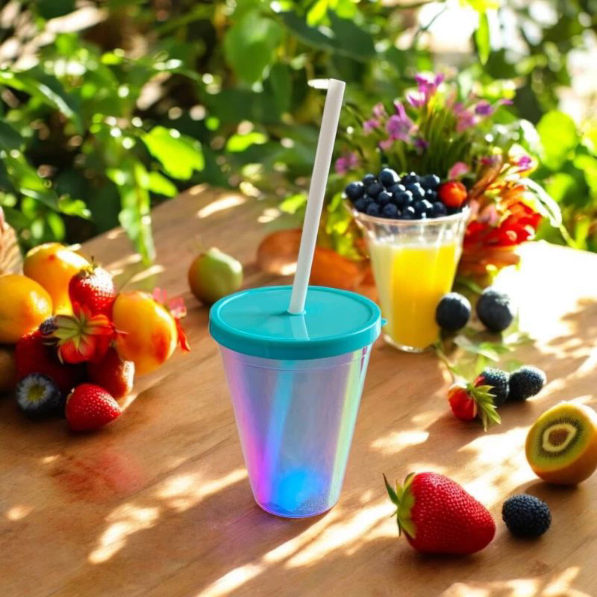420ml Hologrpahic Drinking Cup Tumbler with Colour Lid & Straw