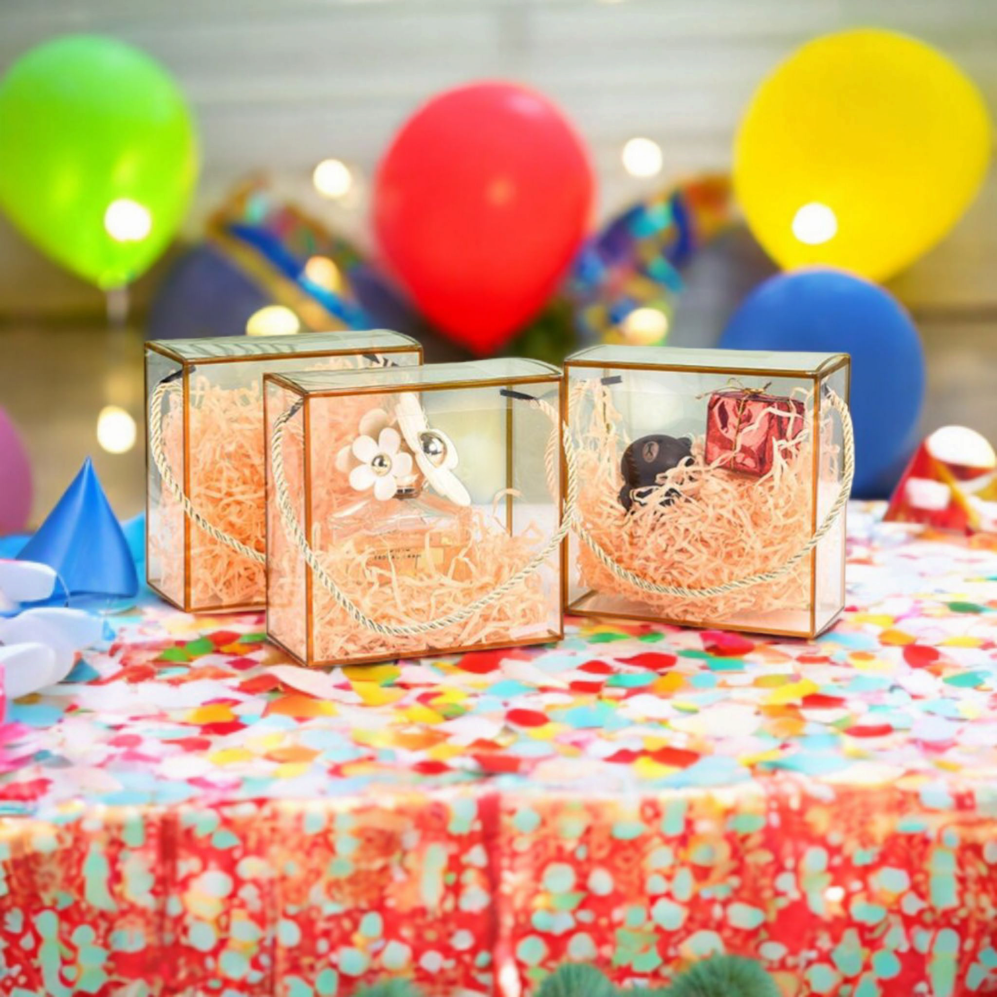 PVC Gift Box Gold Bordered with Rope String Handle 12x12x12cm Transparent