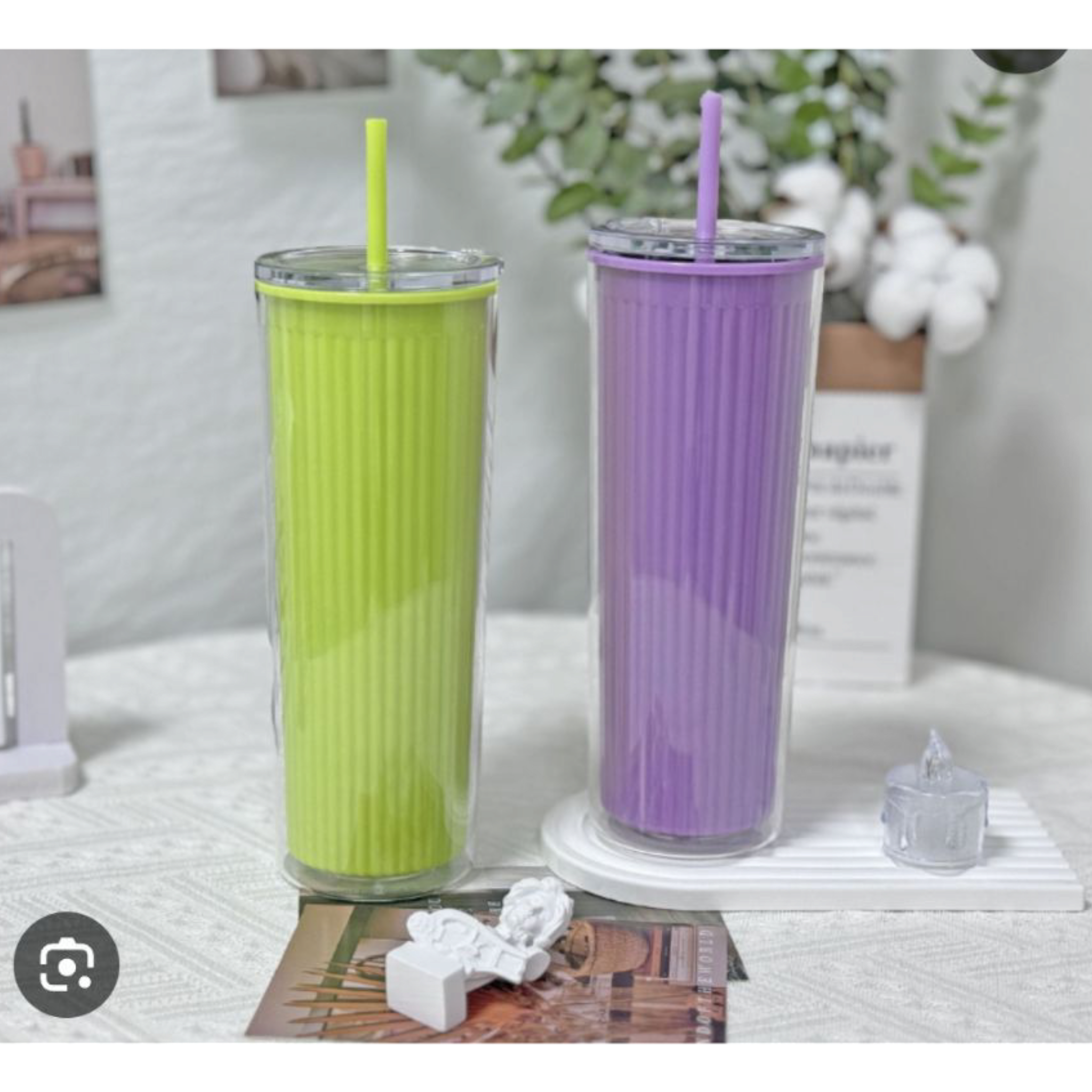 720ml Acrylic Drinking Tumbler Bottle with Lid & Straw 23x9cm