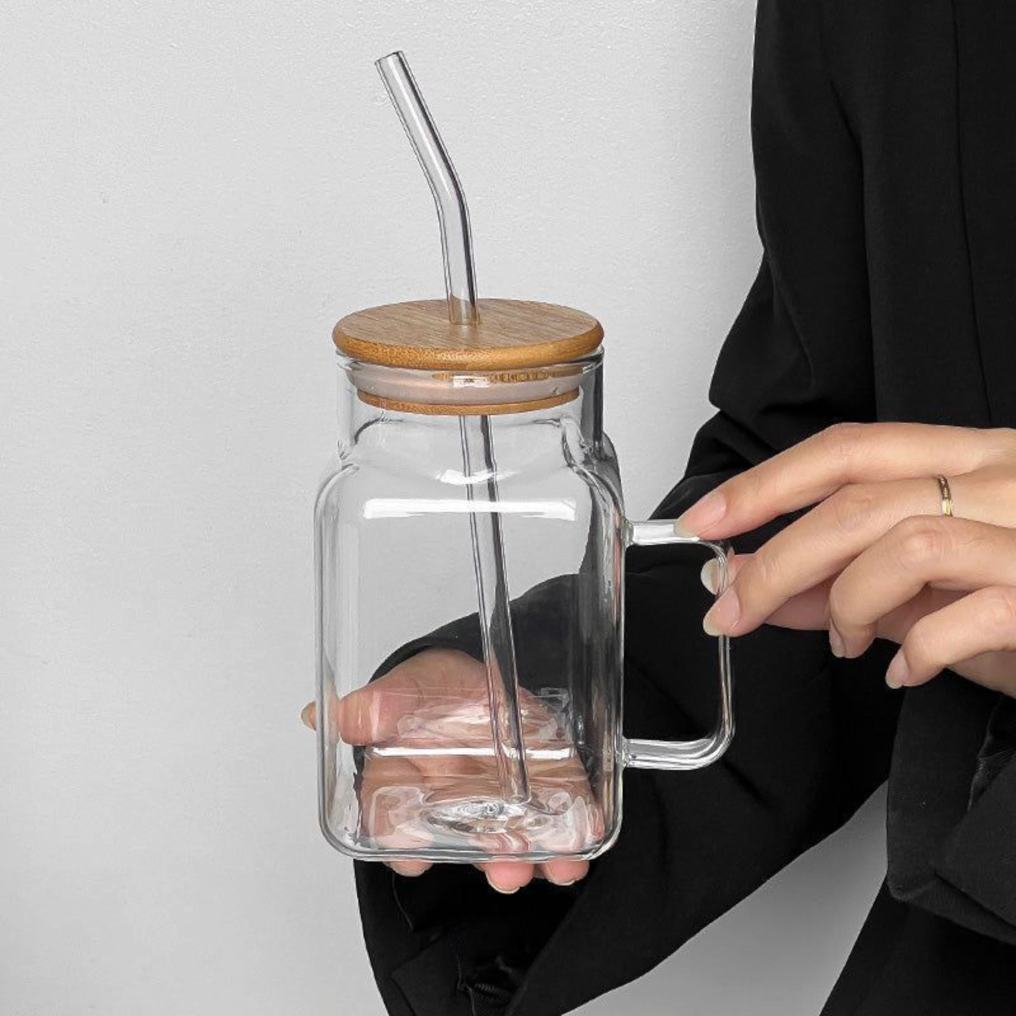 Glass Drinking Handle Mug with Bamboo Lid & Straw 13.5x7cm
