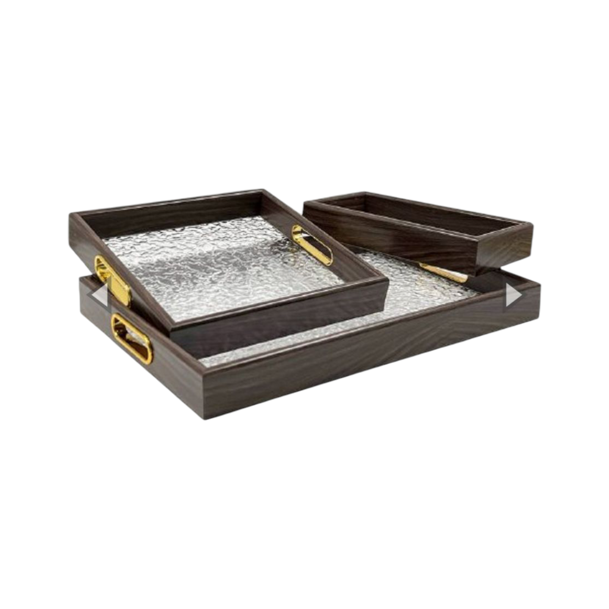 Rectangular Frosted Glass Wooden-Frame Mahogany Tray Gold Handles 42x28x4cm