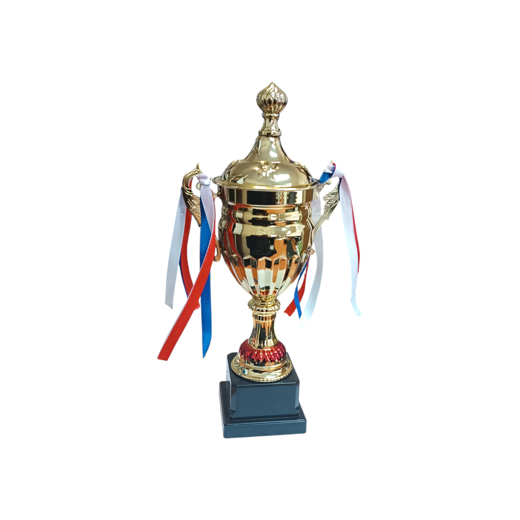 Gold Metal Trophy Cup with Red Insert and Black Base Ribbon 33cm
