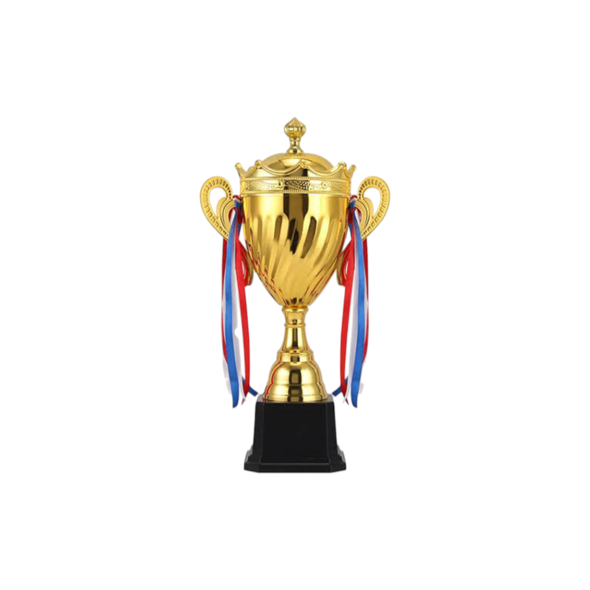 Gold Metal Trophy Cup with Black Base and Ribbon 29cm