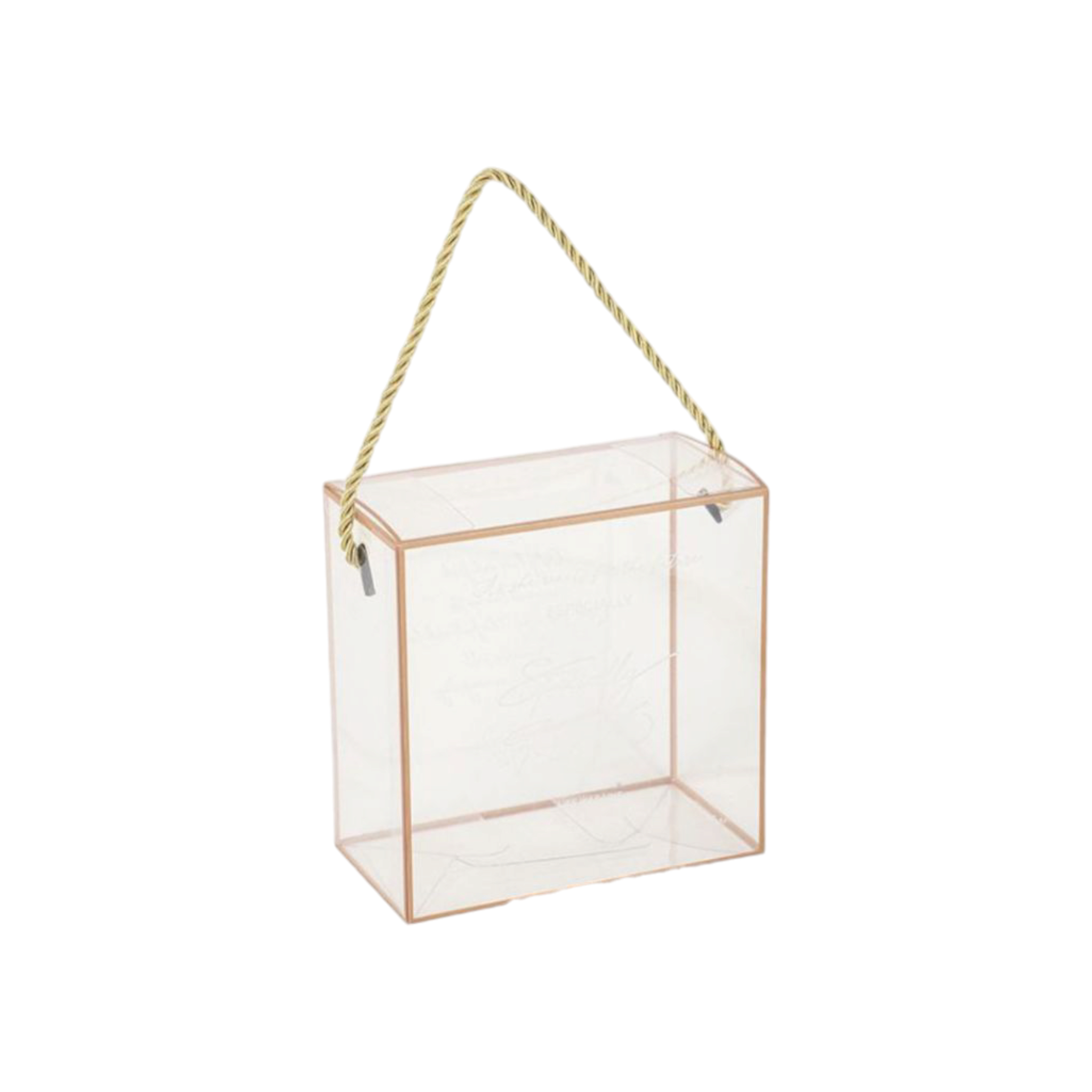 PVC Gift Box Gold Bordered with Rope String Handle 18x18x9cm Transparent