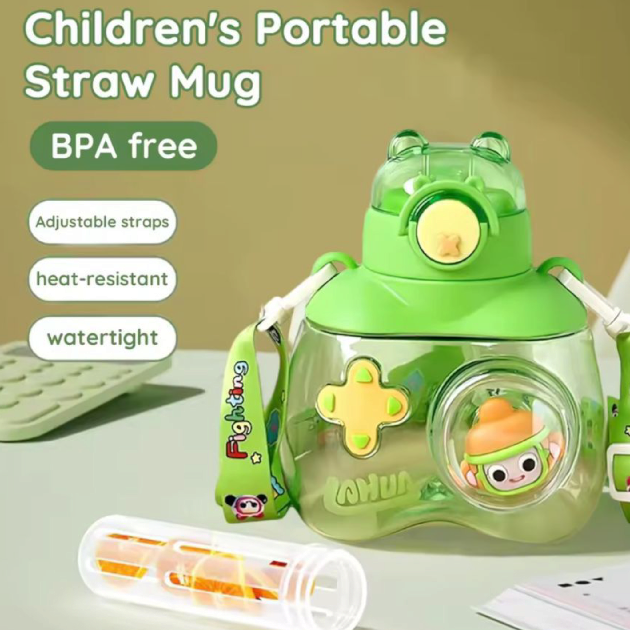 3D Bear Water Bottle 750ml with Straw & Carry Strap