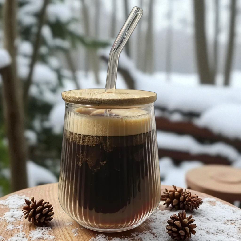 Glass Drinking Wavy Cup Ribbed with Bamboo Lid & Glass Curved Straw 550ml 7x12.5cm