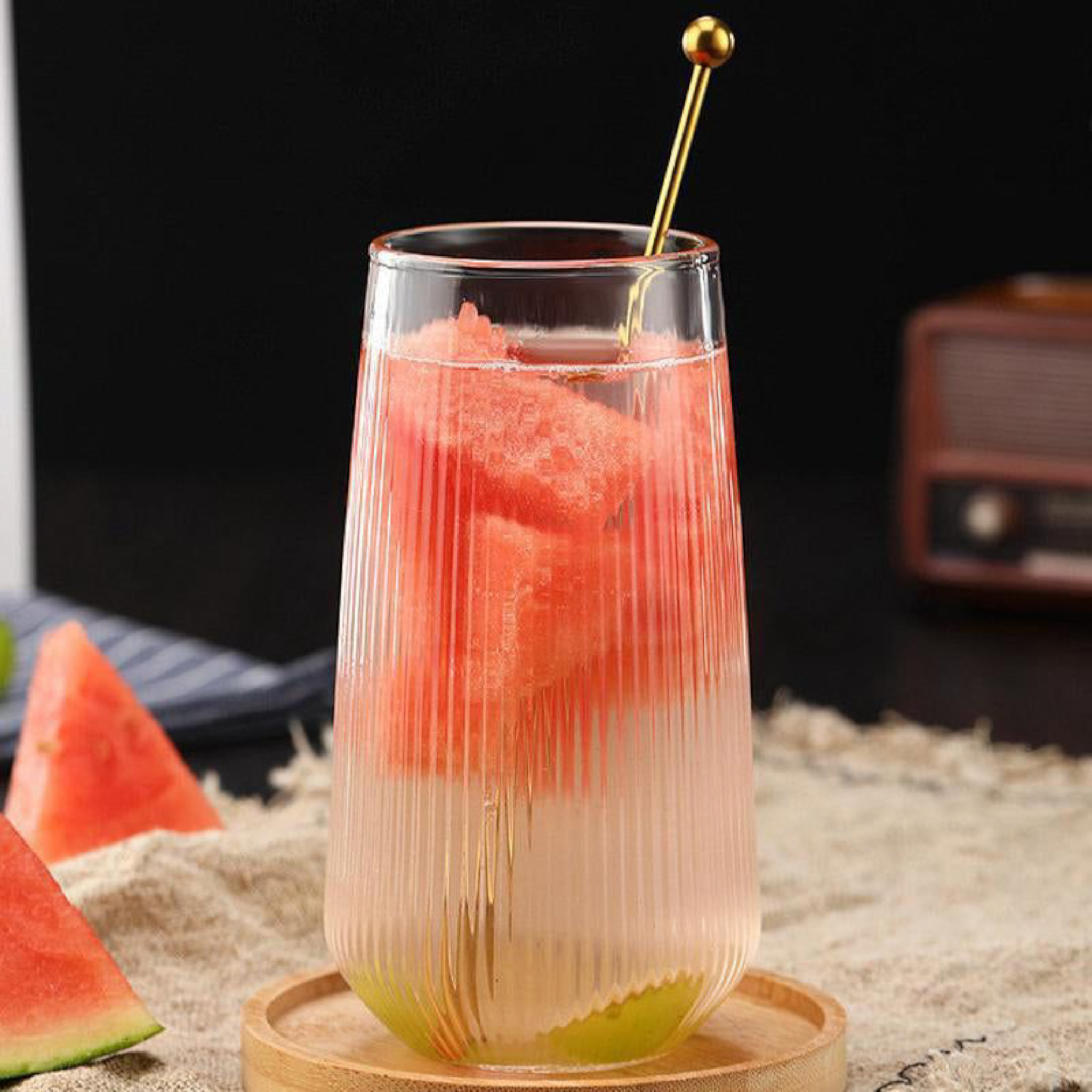 Glass Drinking Vertical Ribbed Cup 550ml with Bamboo Lid & Clear Curve Straw 15.5x7cm