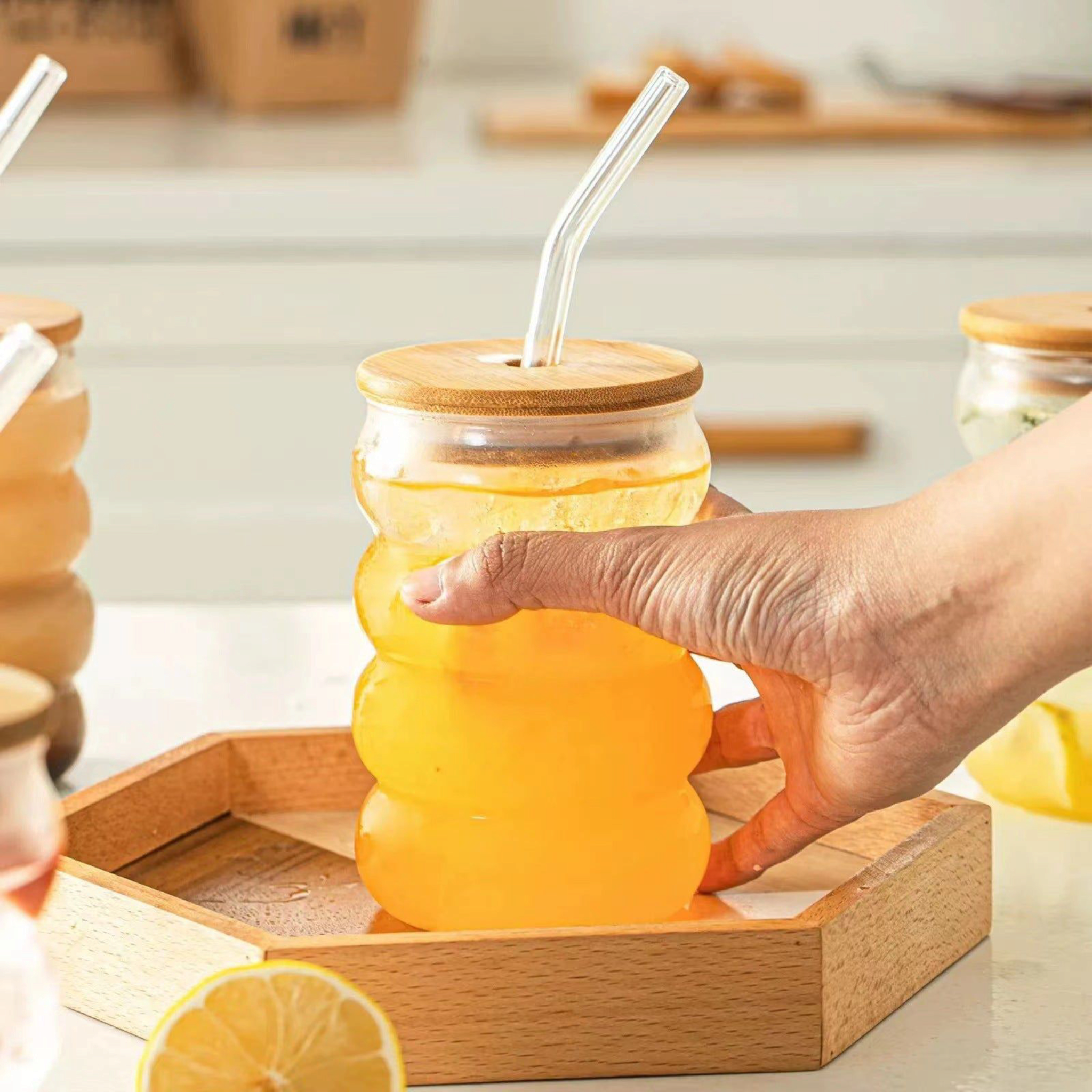 Glass Drinking Ribbed Cup 500ml with Bamboo Lid & Curved Straw 7x15cm