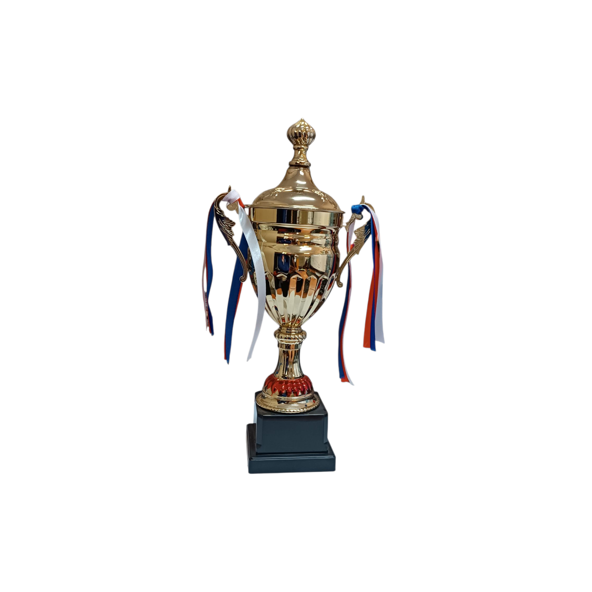 Gold Metal Crown Trophy Cup with Black Base Ribbon 34cm