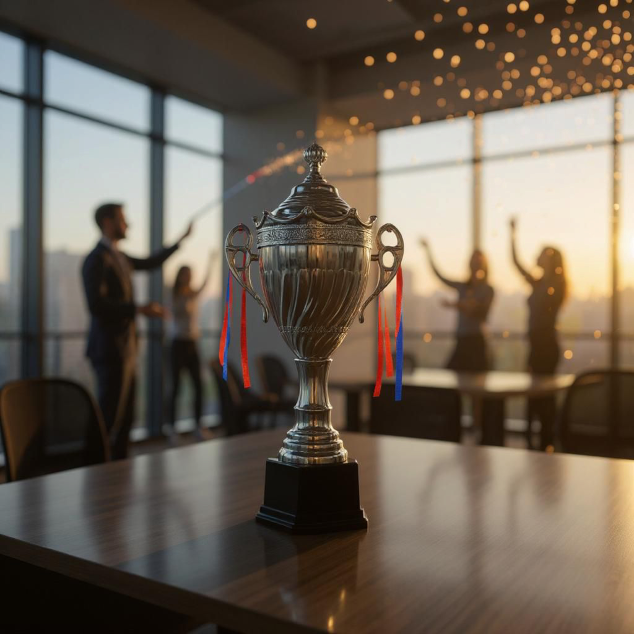 Silver Metal Trophy Cup and Ribbon With Black Base 36cm