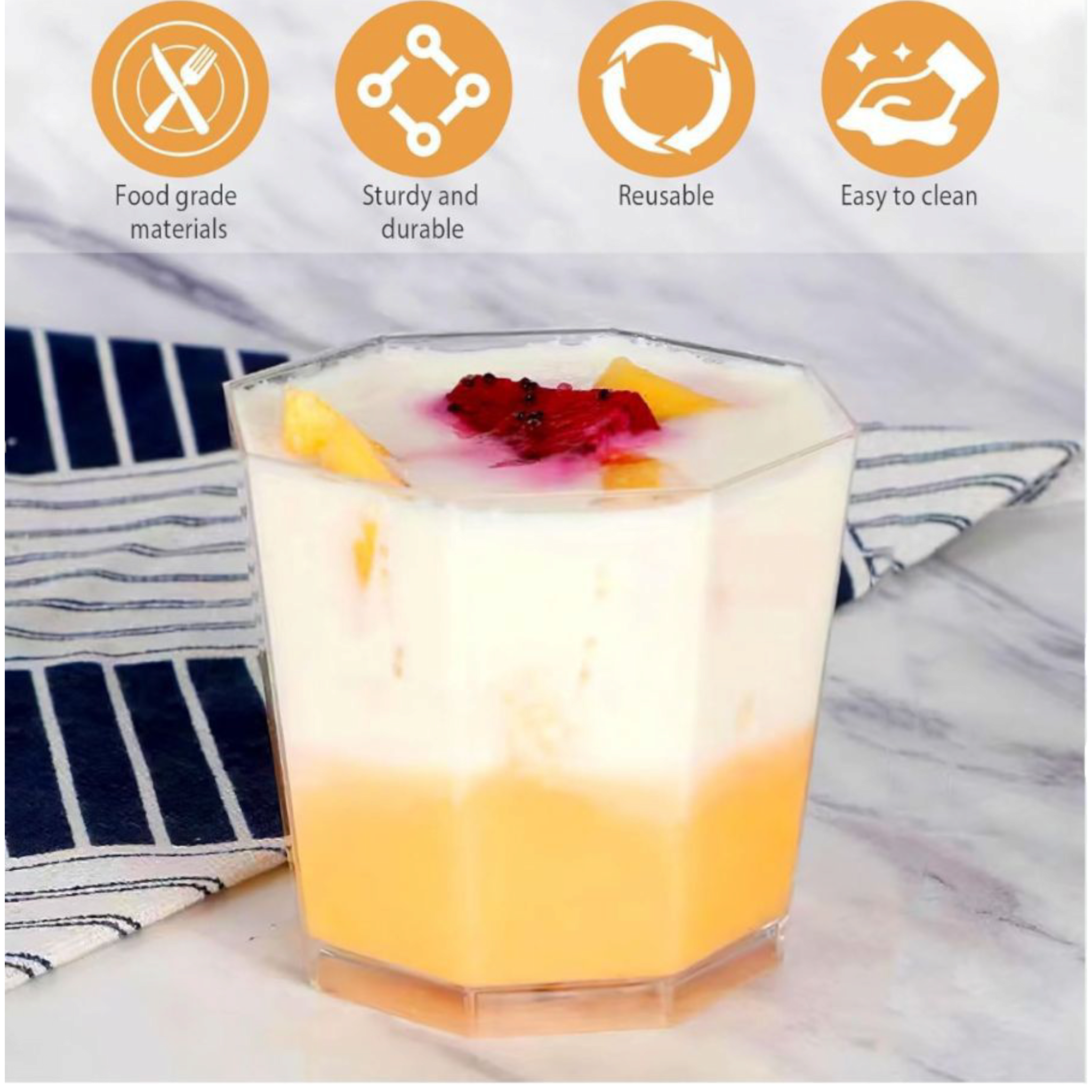 Acrylic Plastic Octagon-Shaped Reusable Dessert Cups 160ml 7.2x6.5cm 10pack