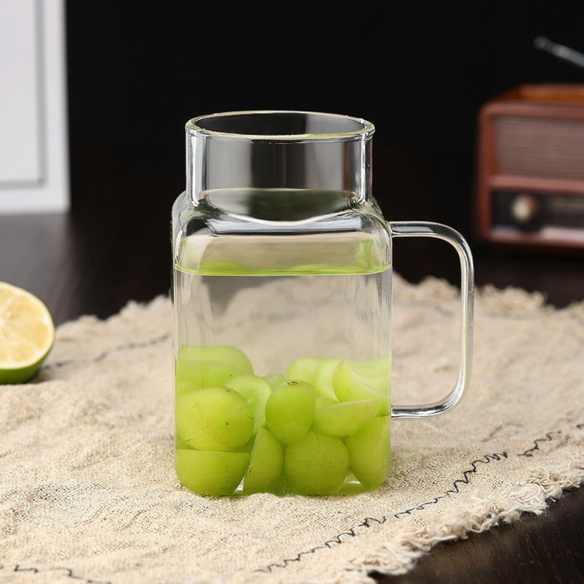 Glass Drinking Handle Mug with Bamboo Lid & Straw 13.5x7cm