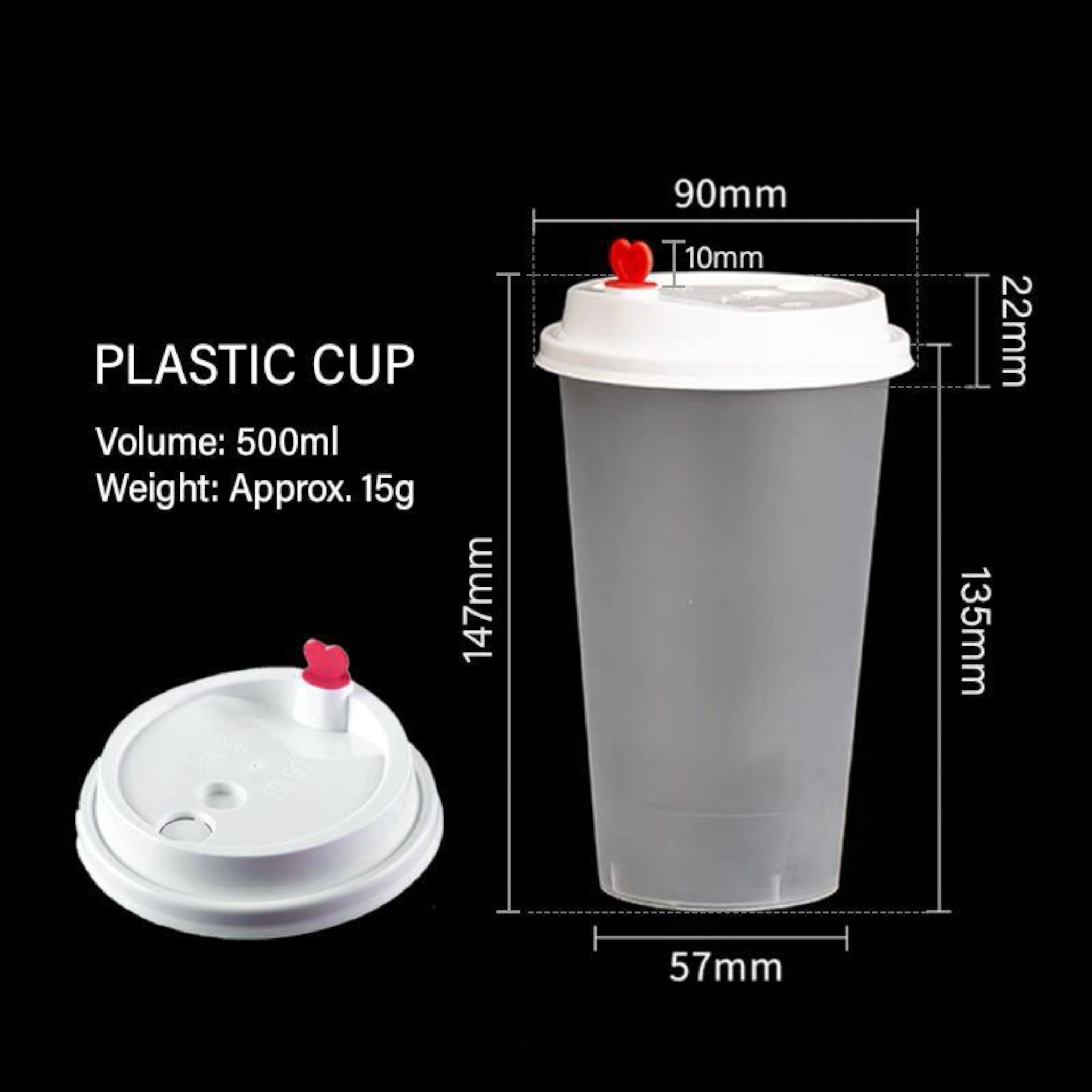 500ml Frosted Smoothie Cup Plastic with Lid & Red Heart Sip Plug 10pack