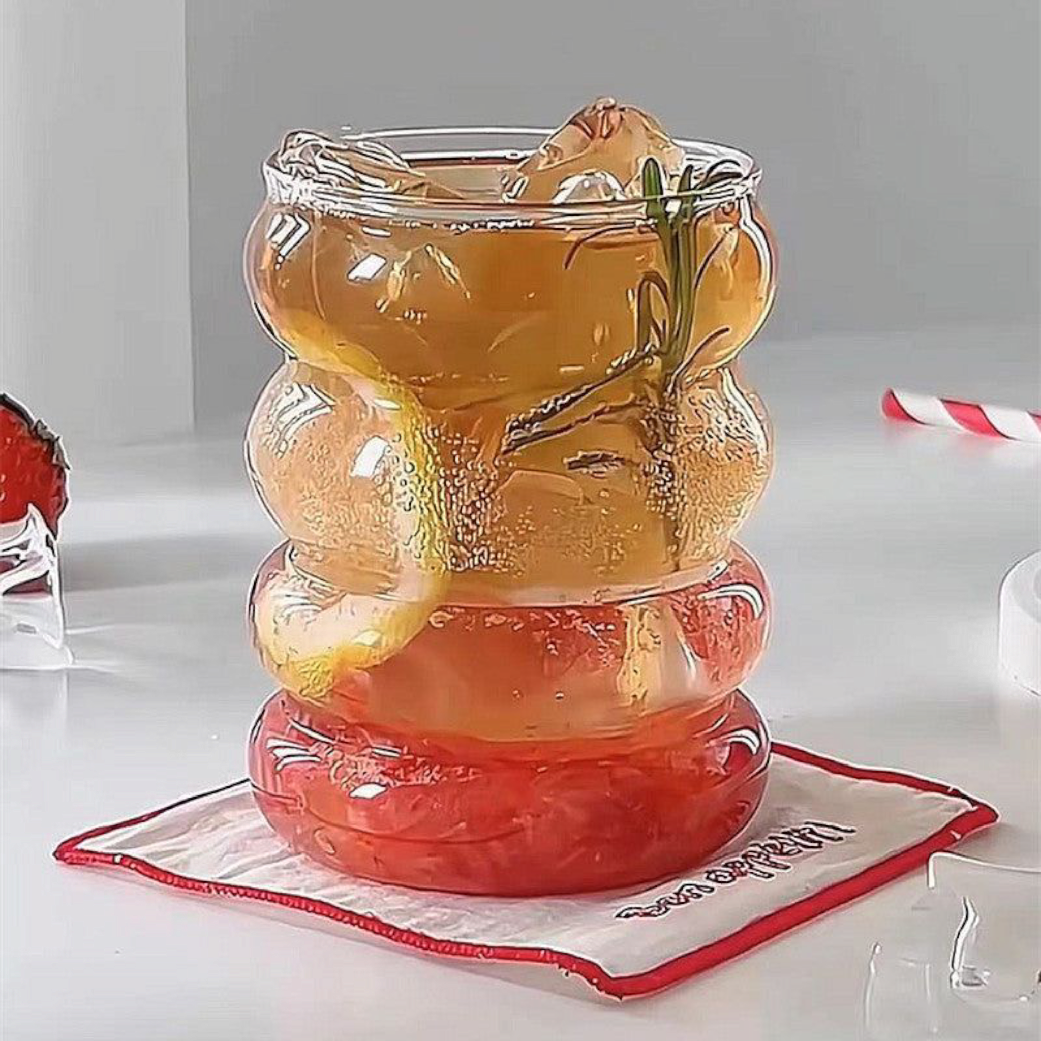 Glass Drinking Ribbed Cup 500ml with Bamboo Lid & Curved Straw 7x15cm