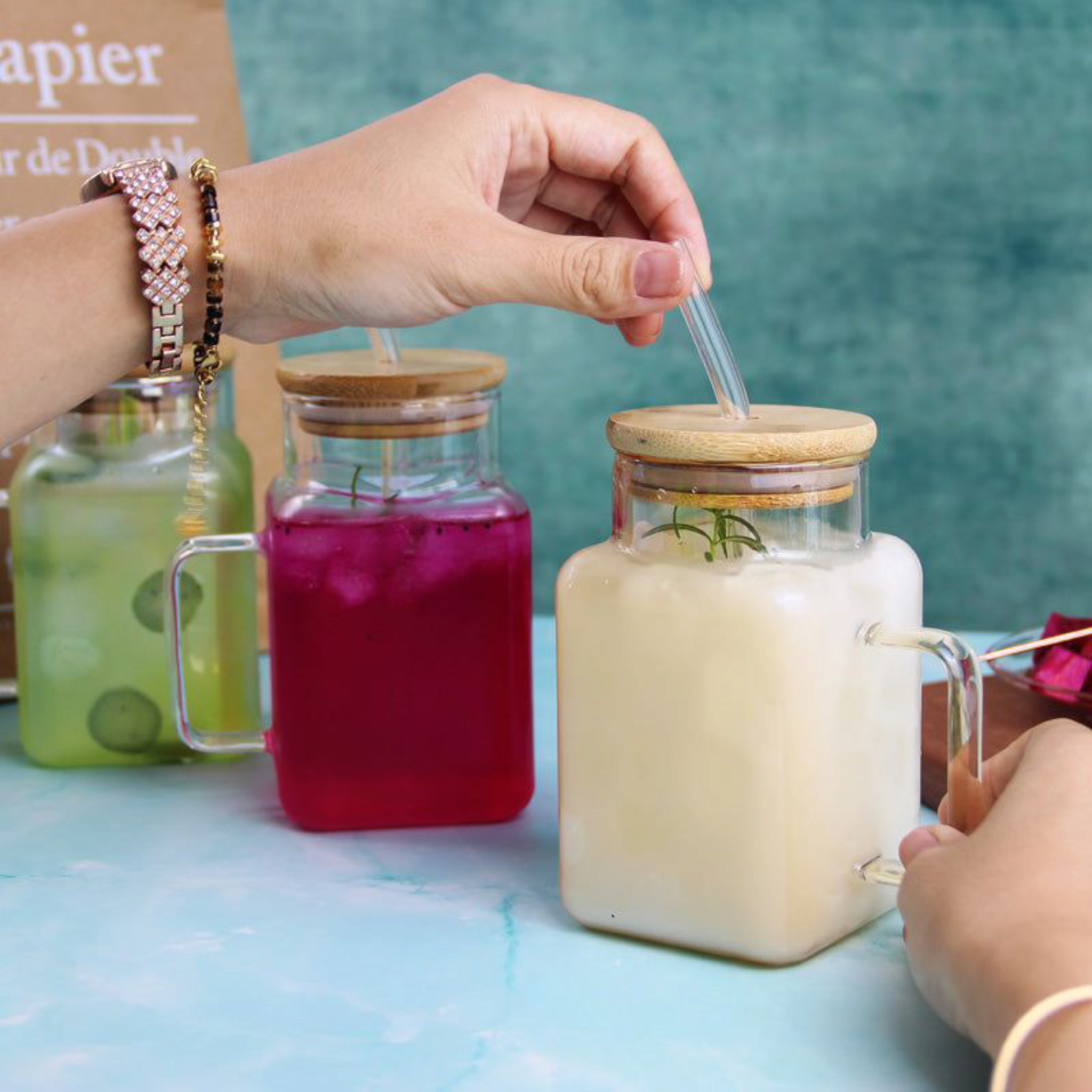 Glass Drinking Handle Mug with Bamboo Lid & Straw 13.5x7cm