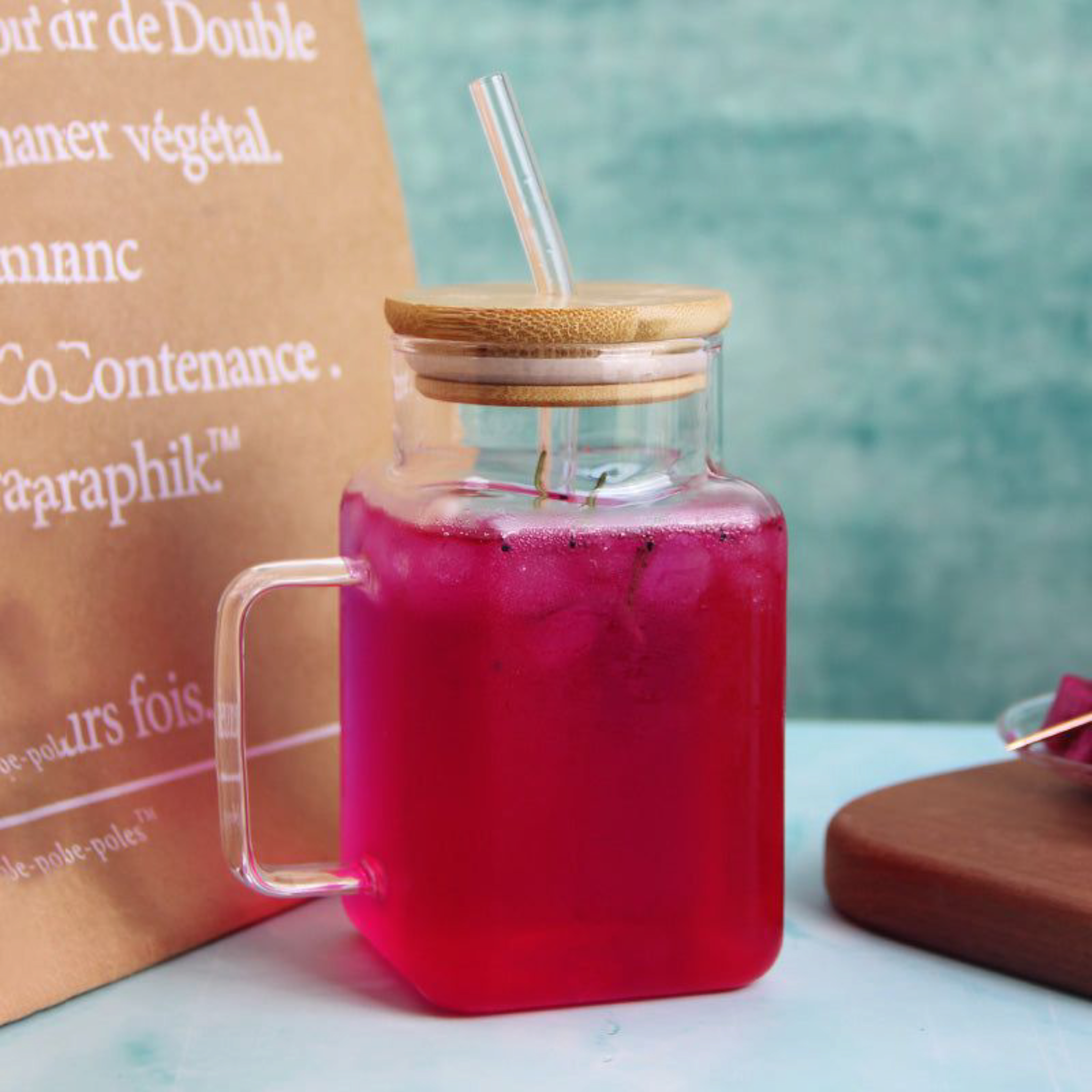 Glass Drinking Handle Mug with Bamboo Lid & Straw 13.5x7cm