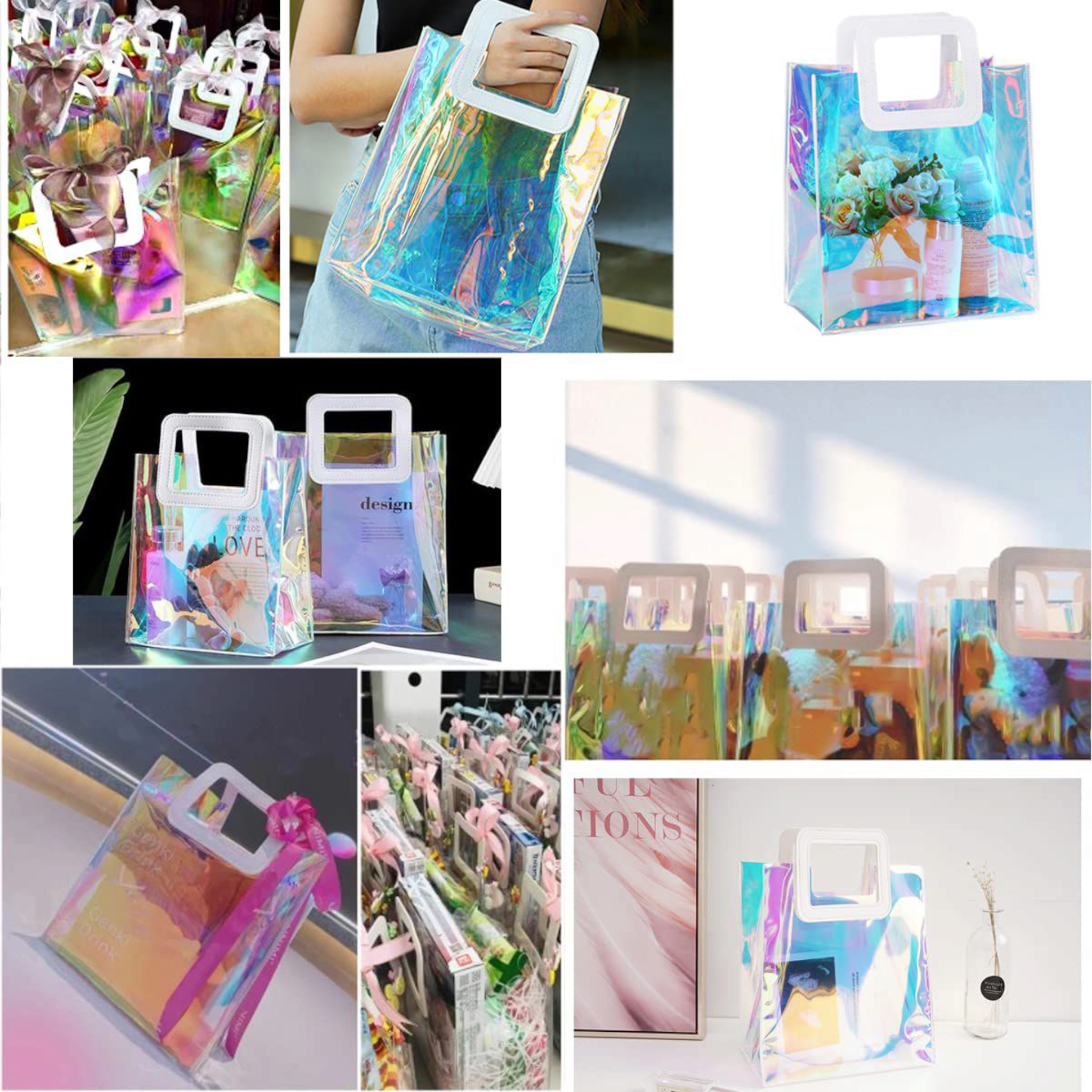 PVC Gift Bags with Square Handle - Iridescent Tote Bags Glossy Favor Bags 17x19cm