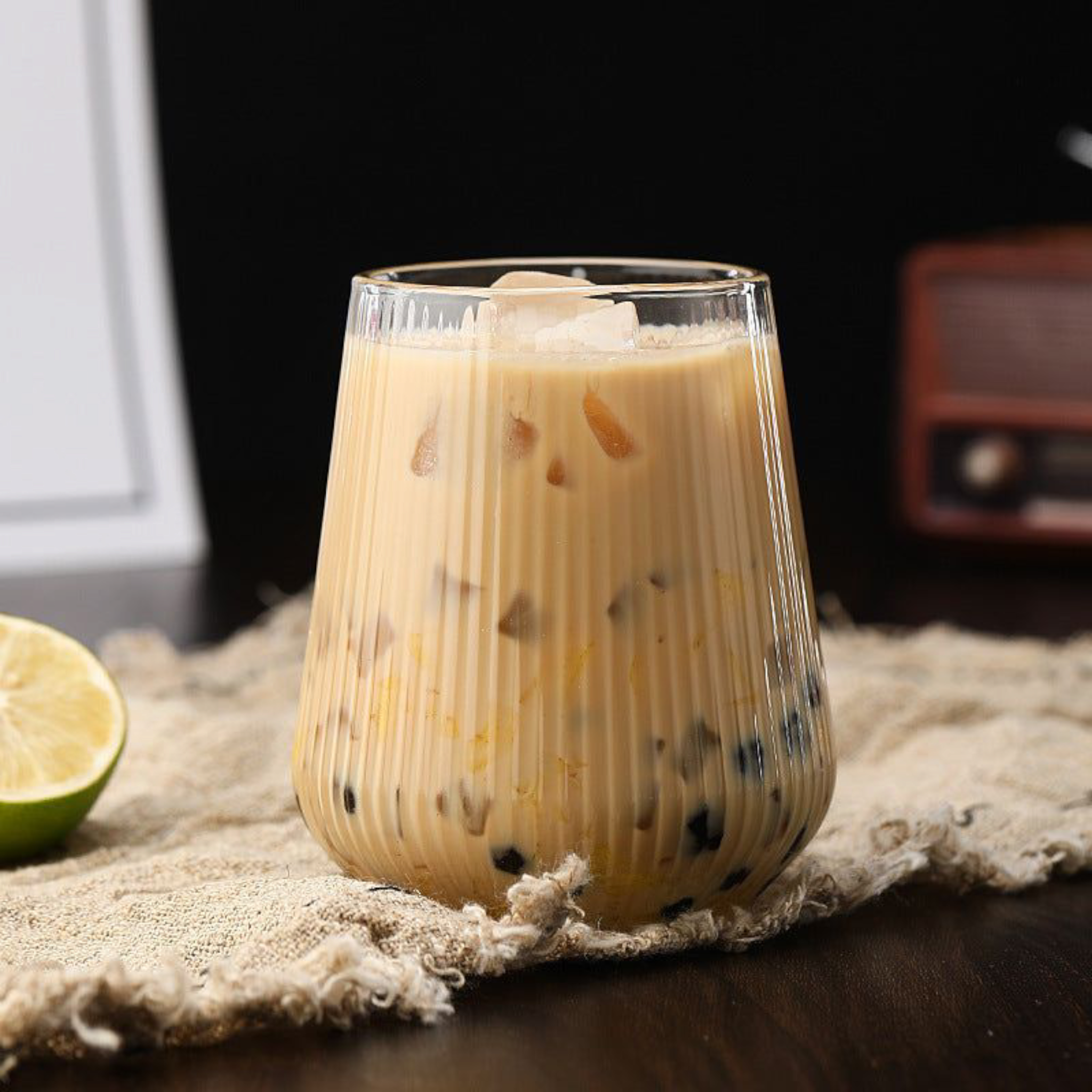 Glass Drinking Vertical Ribbed Cup 500ml with Bamboo Lid & Curved Straw 7x11cm