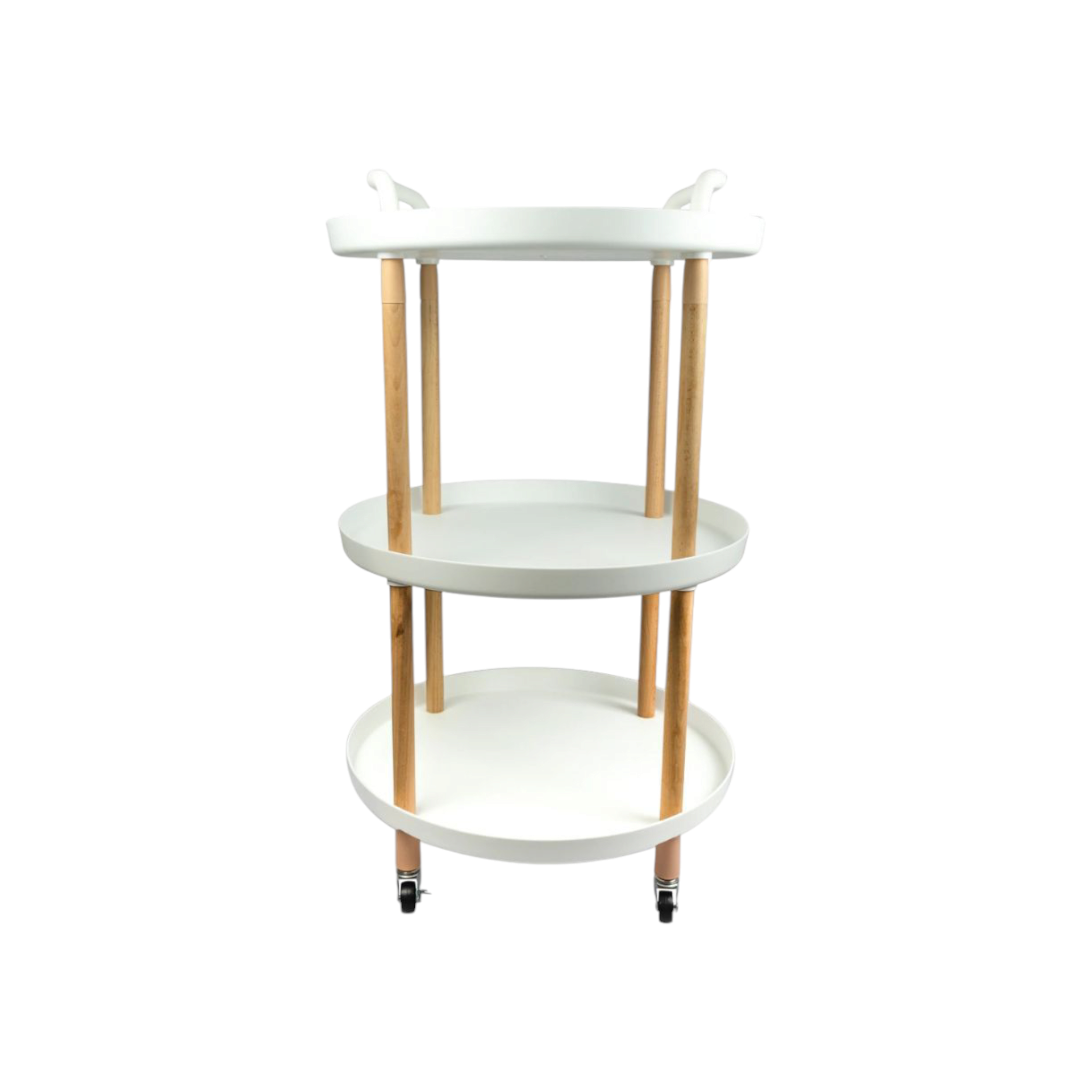 Storage Rack Round 3 Shelf White Plastic and Wood On Casters 810x475mm