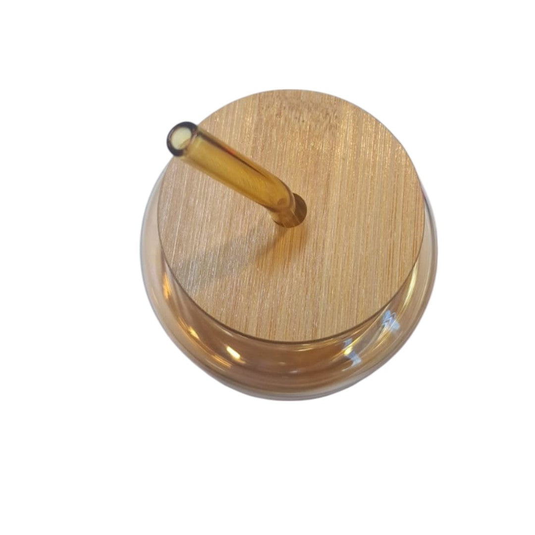 Amber Glass Drinking Ribbed Cup 700ml with Bamboo Lid & Amber Curved Straw 7x12cm