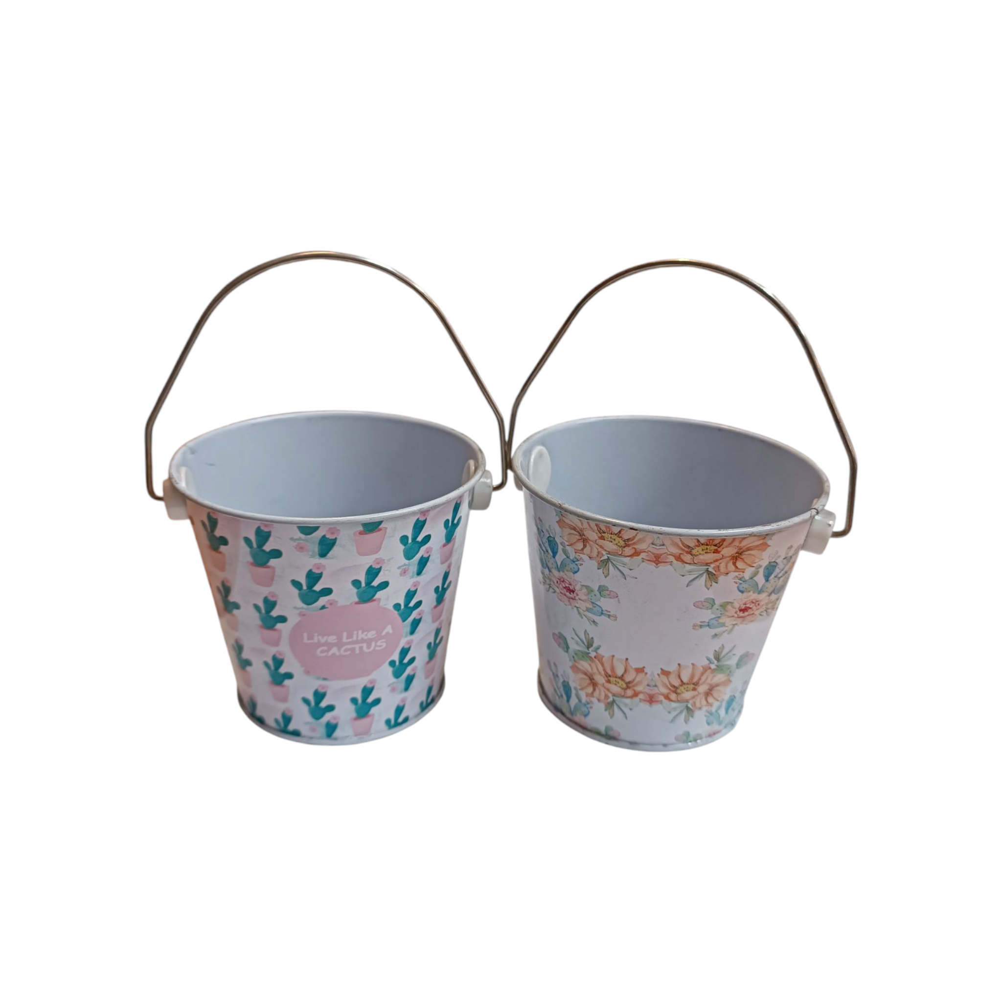 Mini Iron Bucket 8x7cm with White Flower Print & Handle