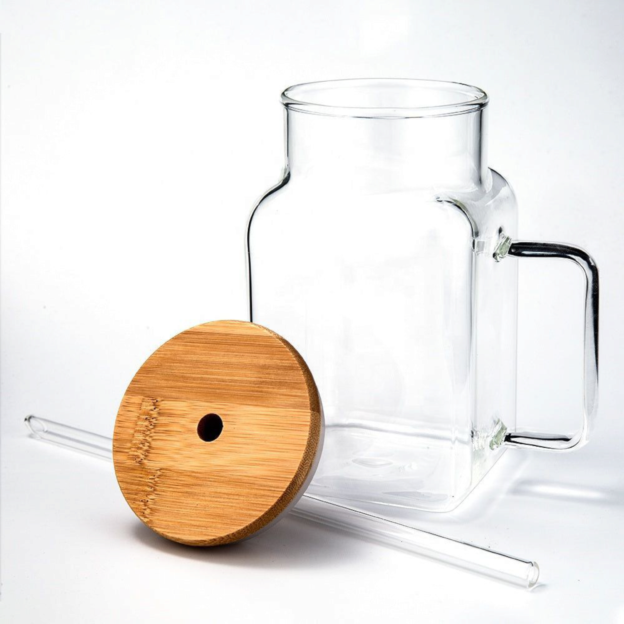 Glass Drinking Handle Mug with Bamboo Lid & Straw 13.5x7cm