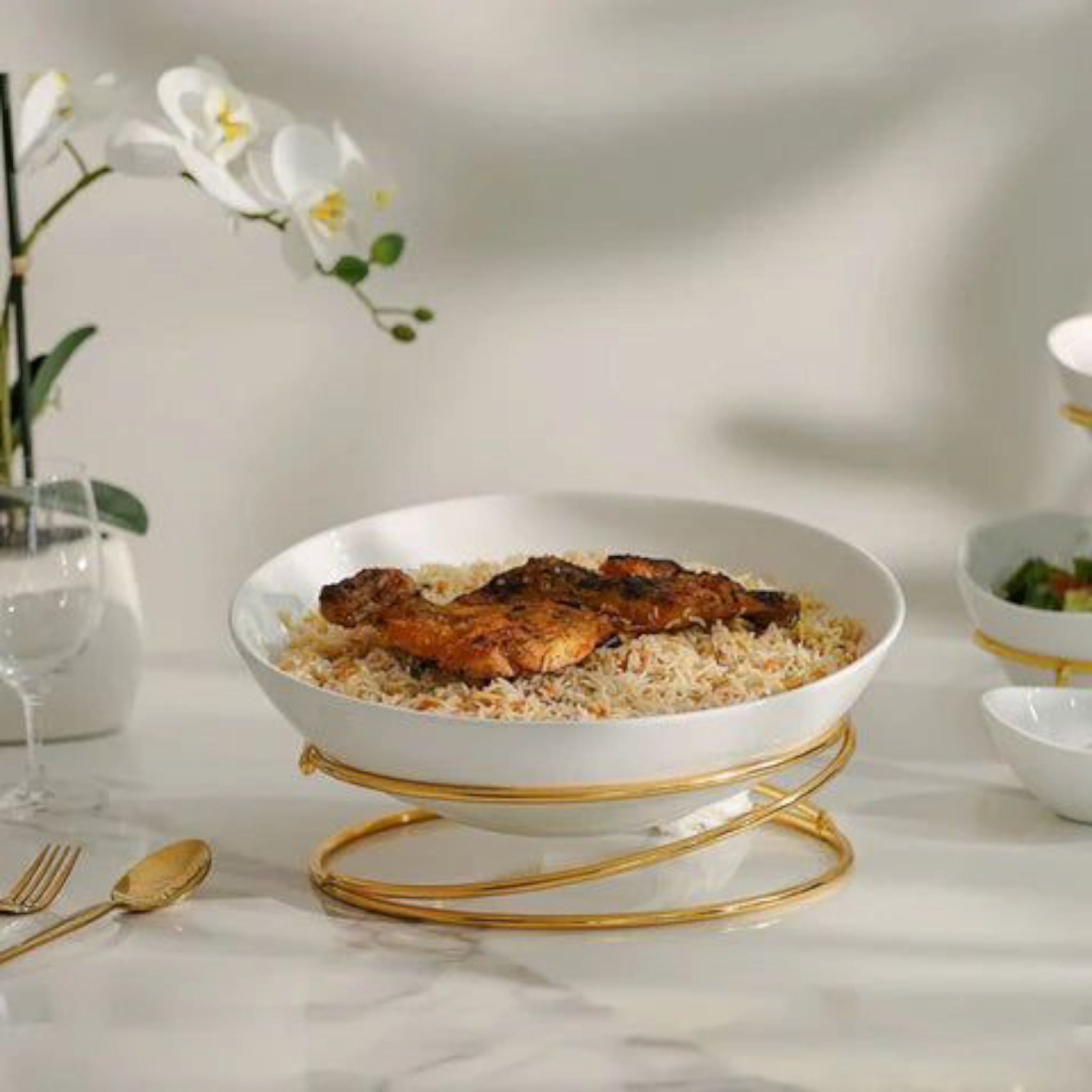 Ceramic Serving Bowl with Gold Round Spiral Stand 12.5Inch