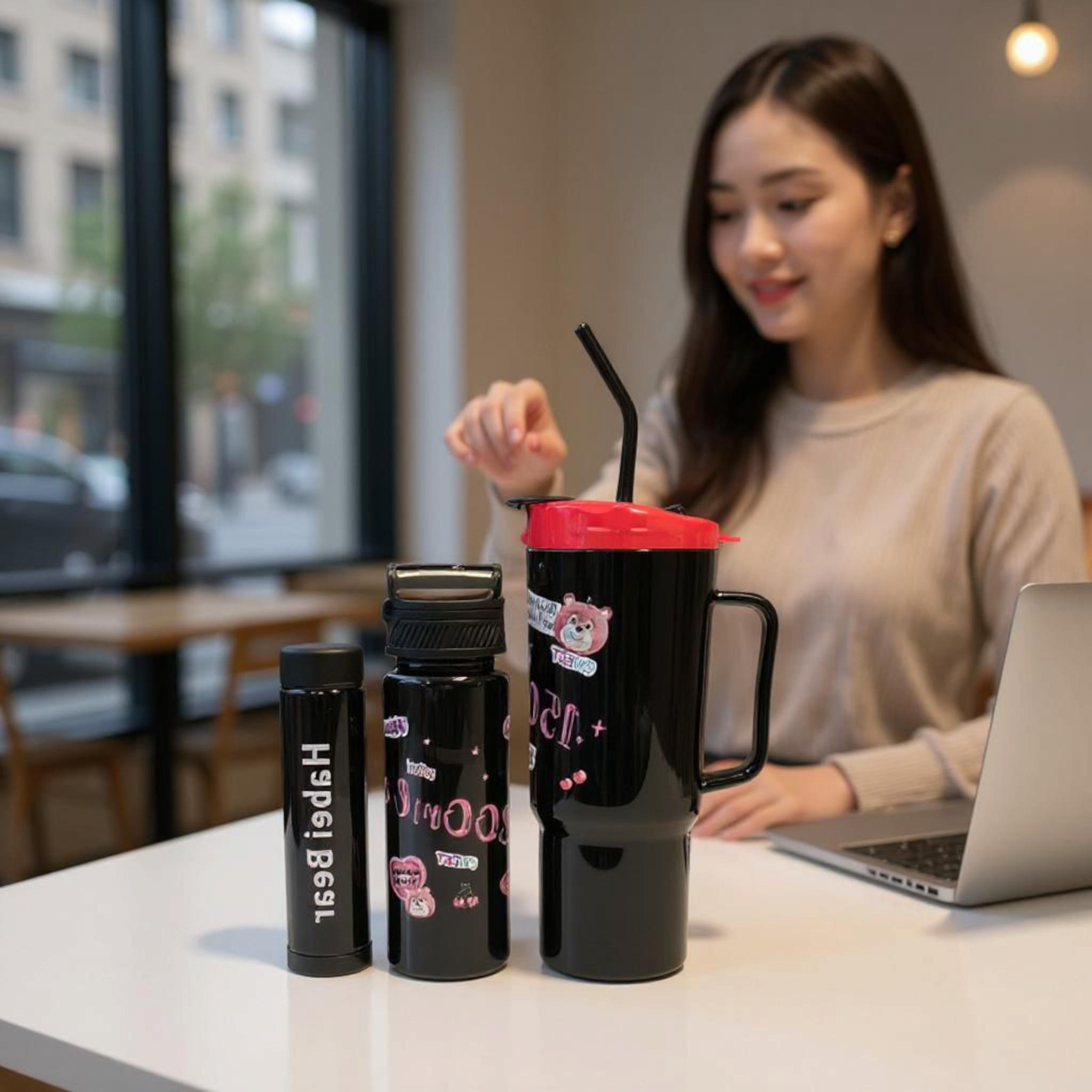 Habei Bear Travel Flask Drinking Tumbler 3pc Set