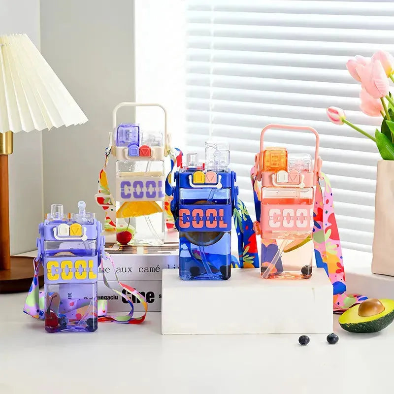 Cute Double Drinking Water Bottle Portable 2 in 1 with Straw 520ml
