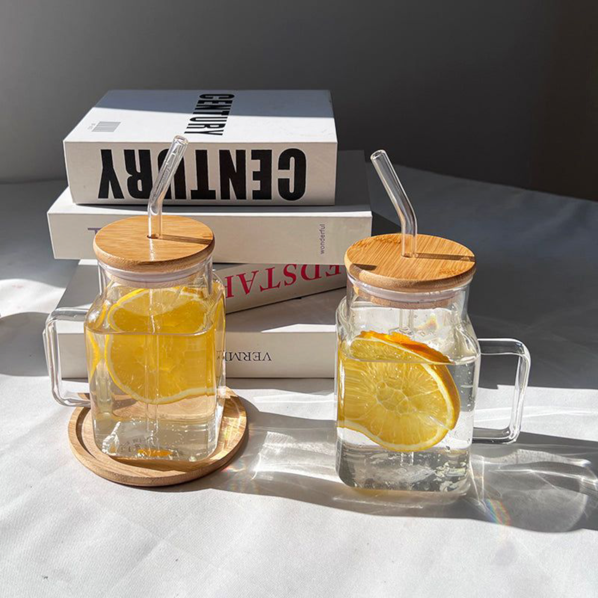 Glass Drinking Handle Mug with Bamboo Lid & Straw 13.5x7cm