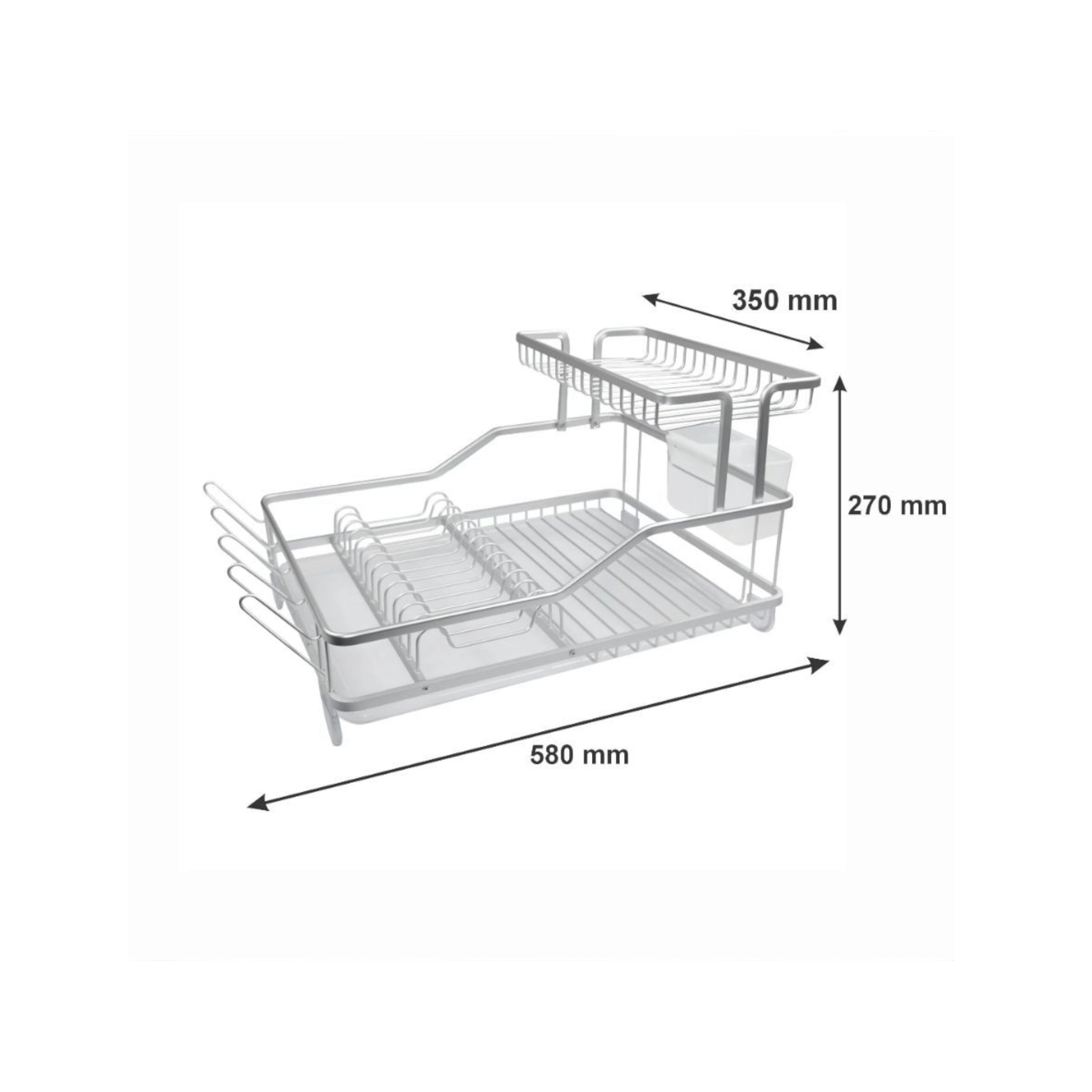 Double Dish Rack Silver Aluminium with Opaque Plastic UTE Holder and Tray 580x270x350mm