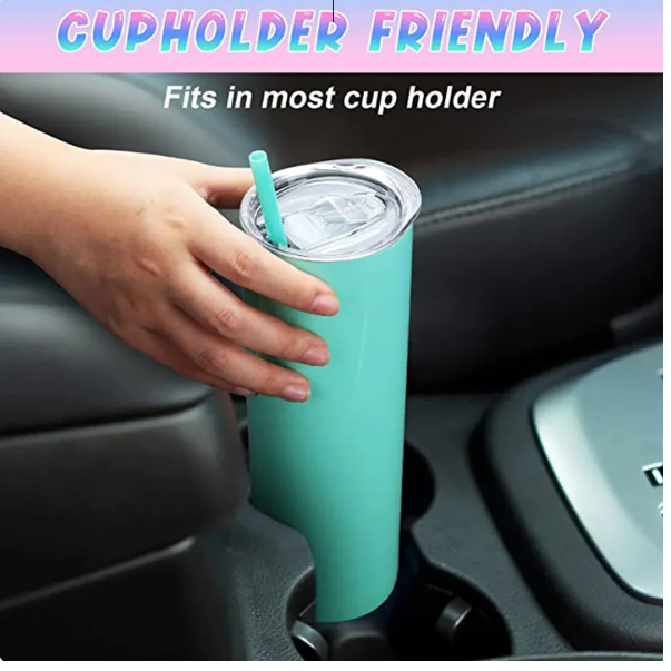 Skinny Metallic Thermos Drinking Tumbler 590ml Stainless Steel with Lid & Straw