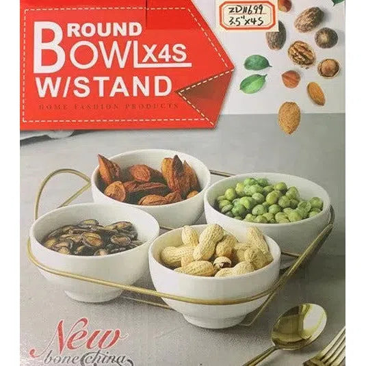 White Ceramic Serving Dipping Round Snacks Fruit & Nut Bowl with Stand 9cm 4pc Set