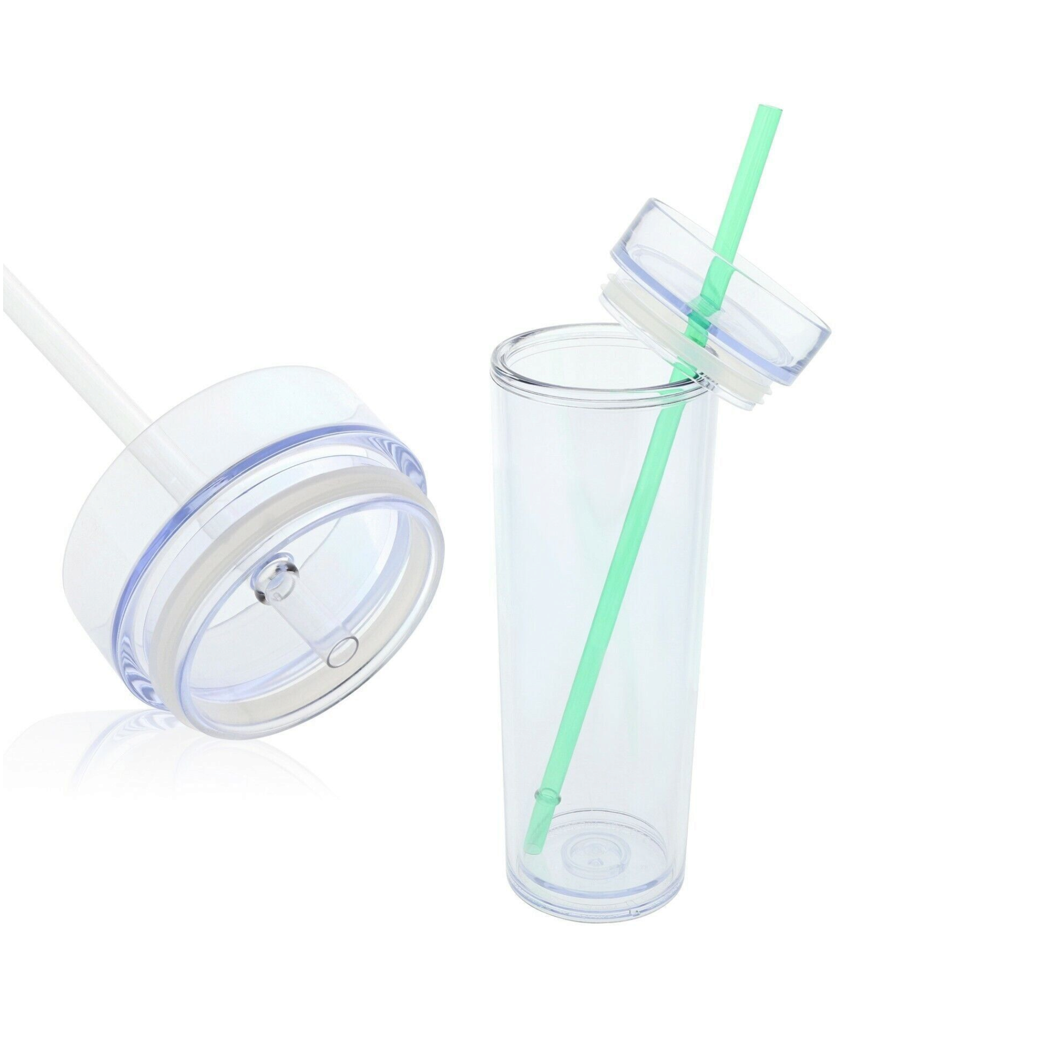 Skinny Drinking Tumbler 473ml Acrylic Transparent Color 7x21cm Reusable with Lid & Straw